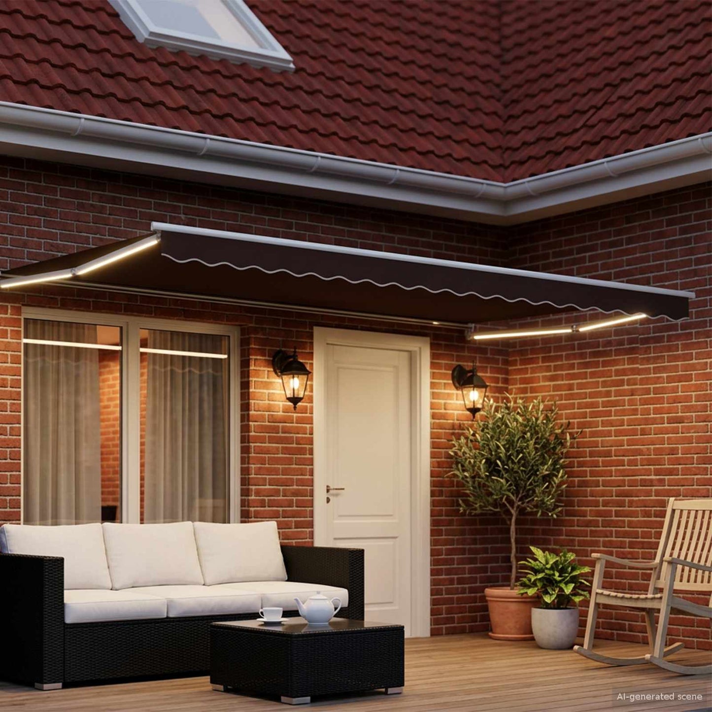 Manuell utvidbar markise med LED-lamper Brun og hvit 4 x 2 m