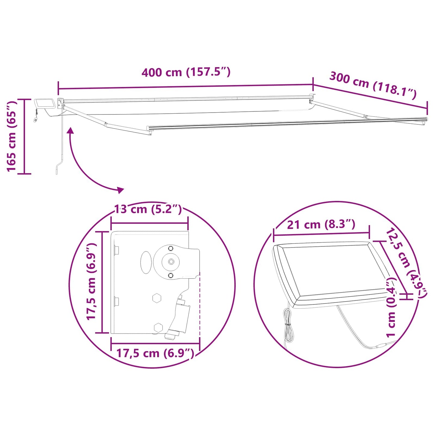 Manuell utvidbar markise med LED-lamper 4 × 3 m
