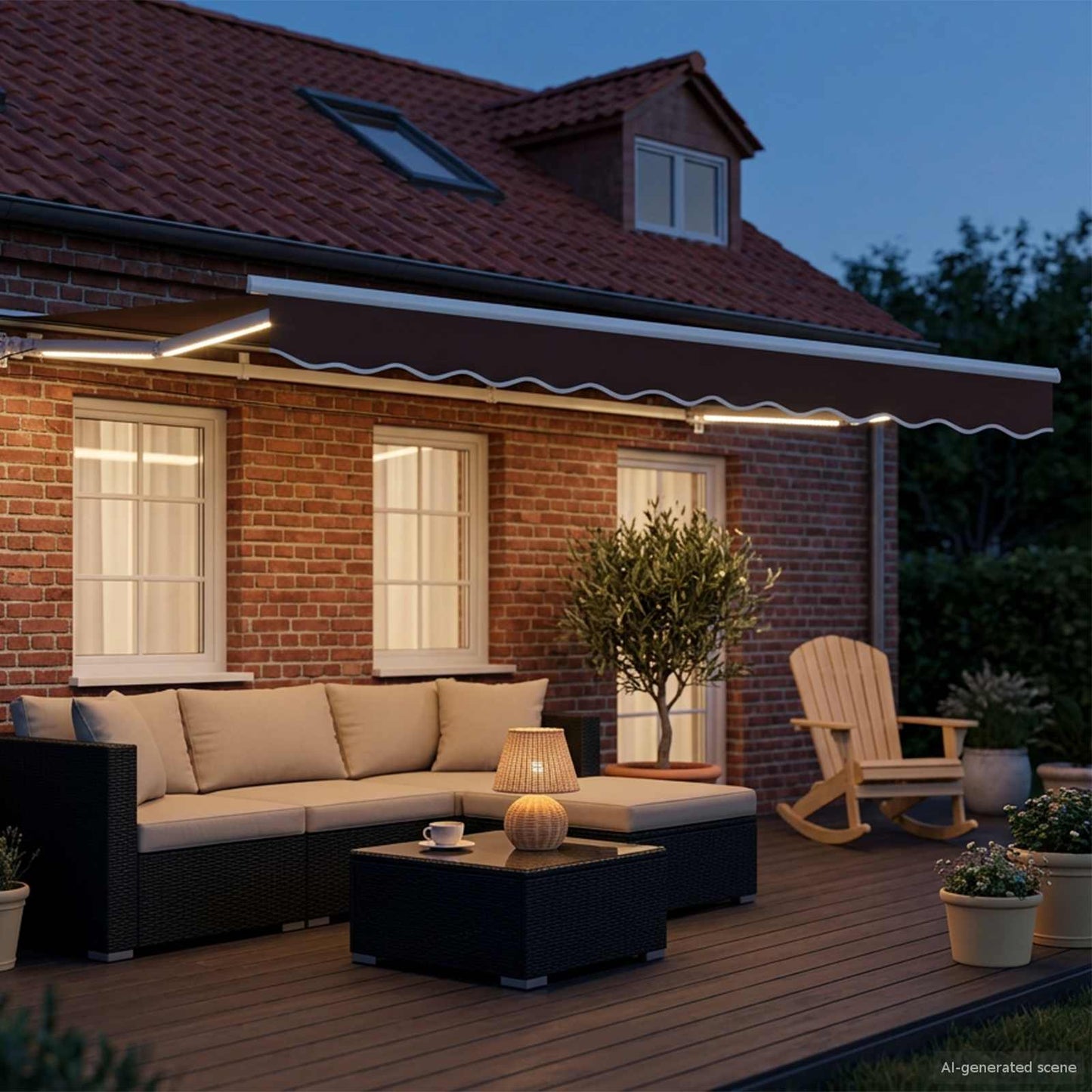 Manuell markiseramme med LEDs Brun og hvit 3 x 2 m