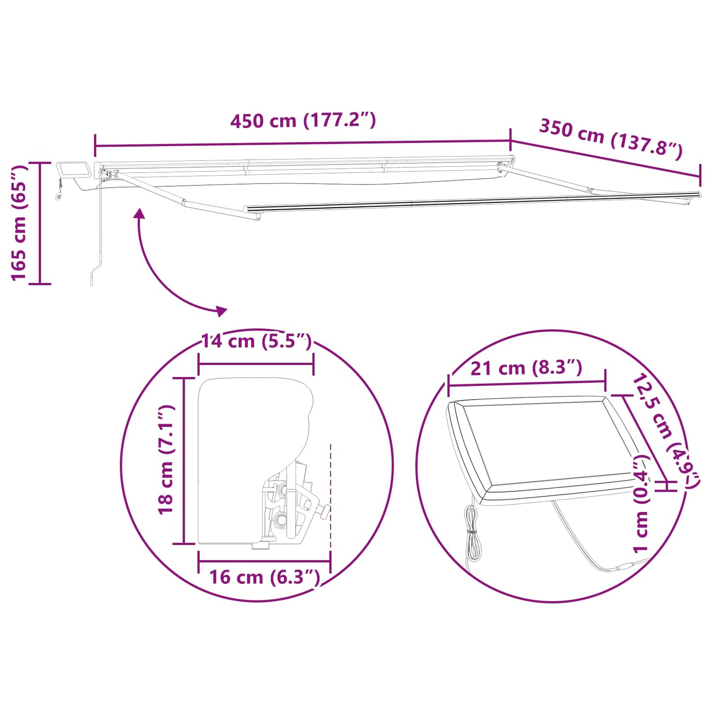 Manuell markiseramme med LEDs Antrasitt og Hvit 4,5 × 3,5 m