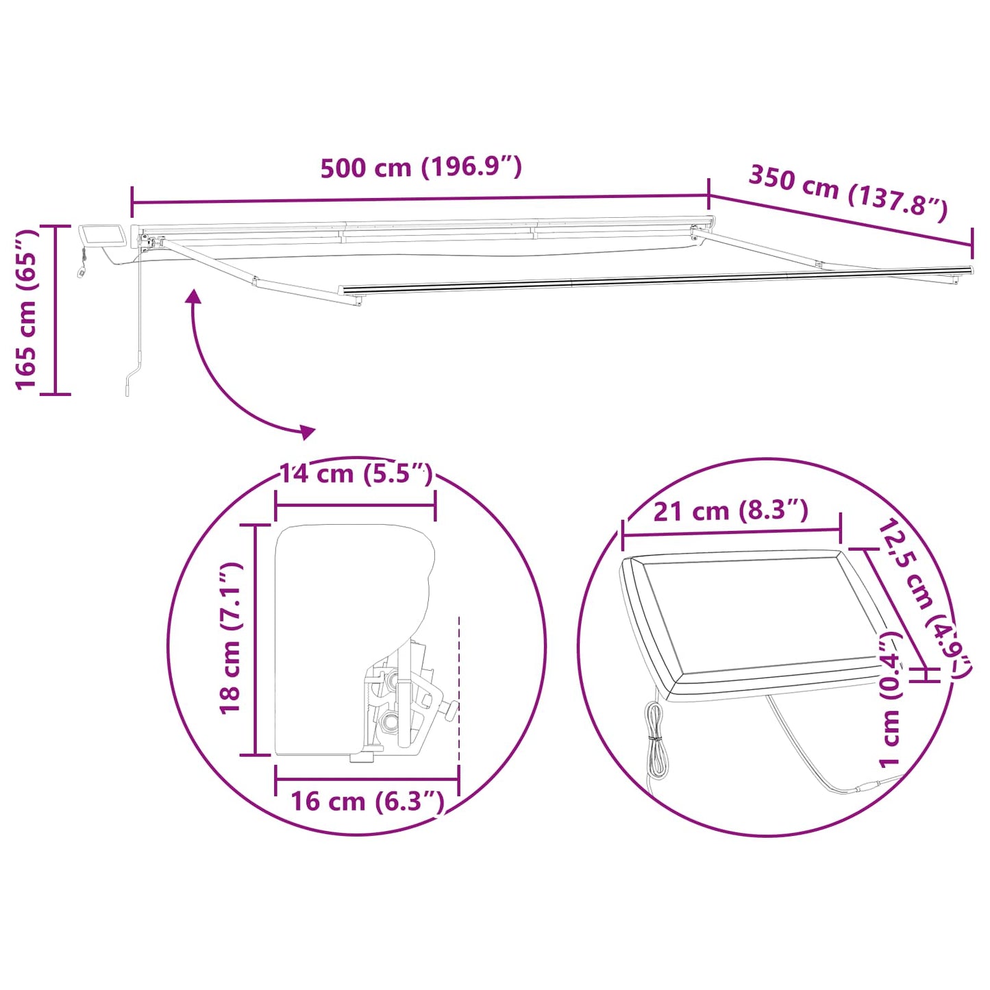 Manuell markiseramme med LEDs Hvit 5 × 3,5 m