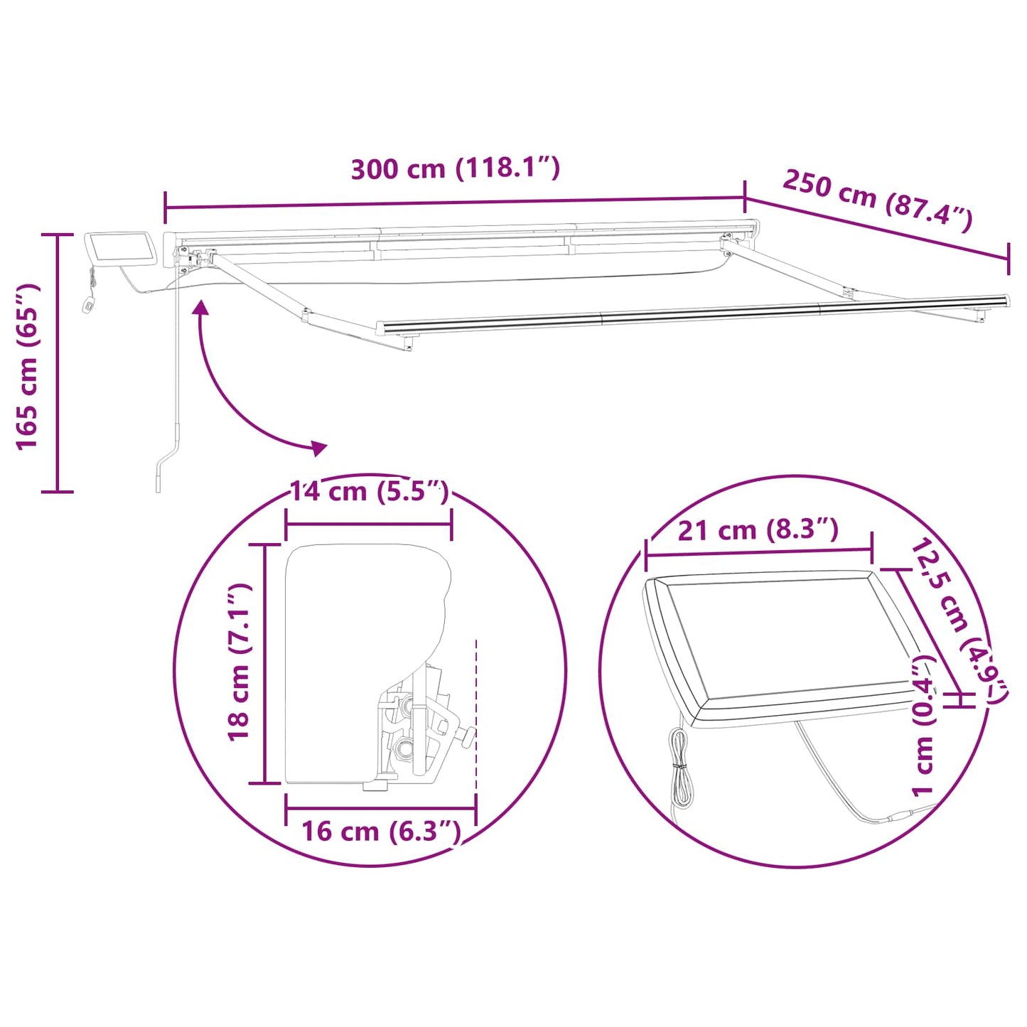 Manuell markiseramme med LEDs Burgunder og Antrasitt 3 x 2,5 m