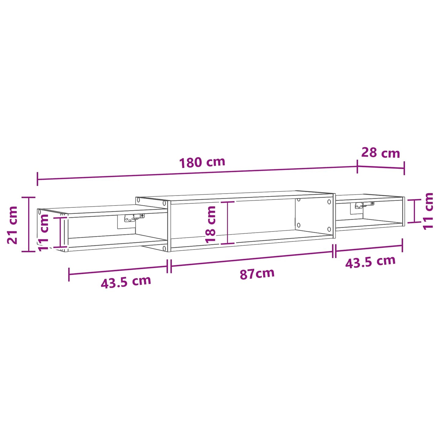 Vegghengt TV-skap Veggmontert Hvit 180 x 28 x 21 cm