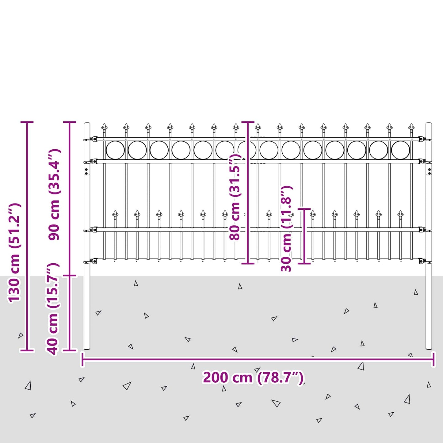 Spike Ring gjerde Svart 200 x 130 cm Pulverlakkert stål vidaXL