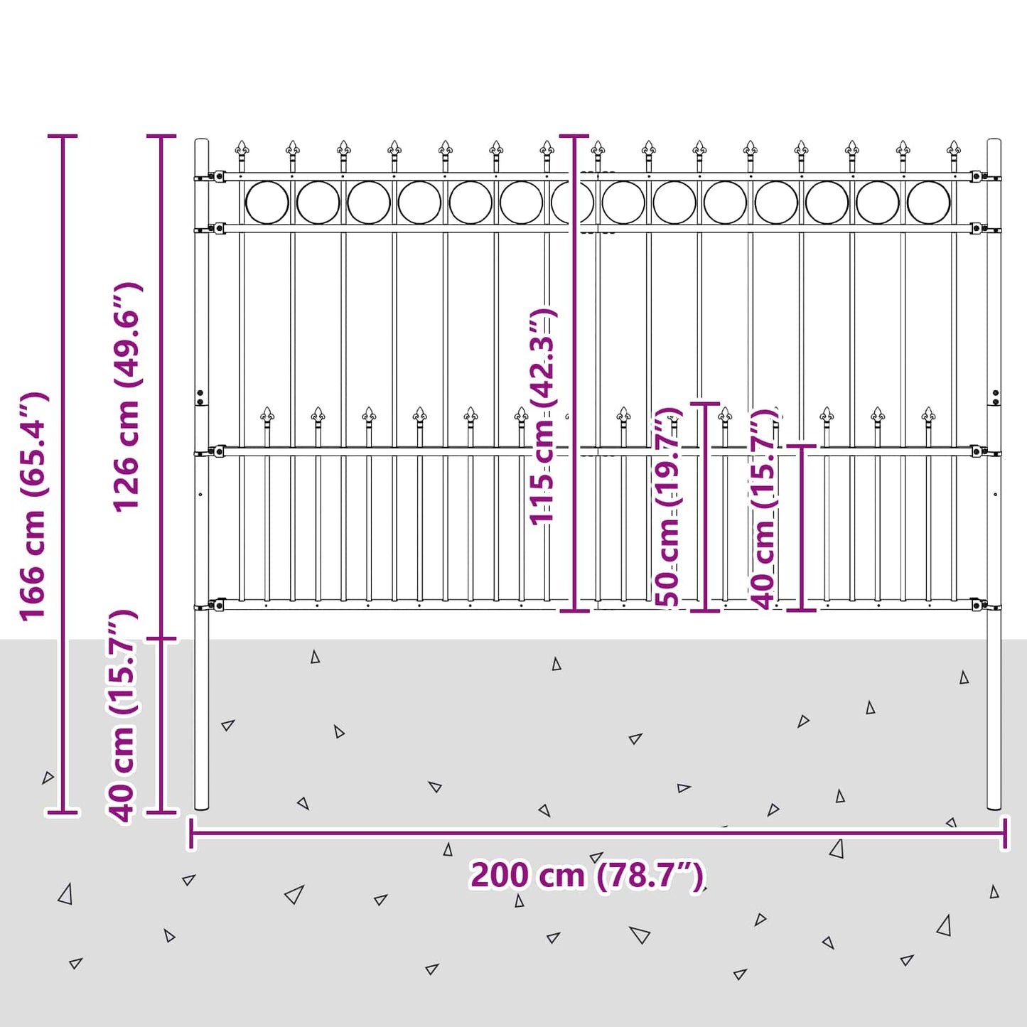 Spike Ring gjerde Svart 200 x 130 cm Pulverlakkert stål vidaXL