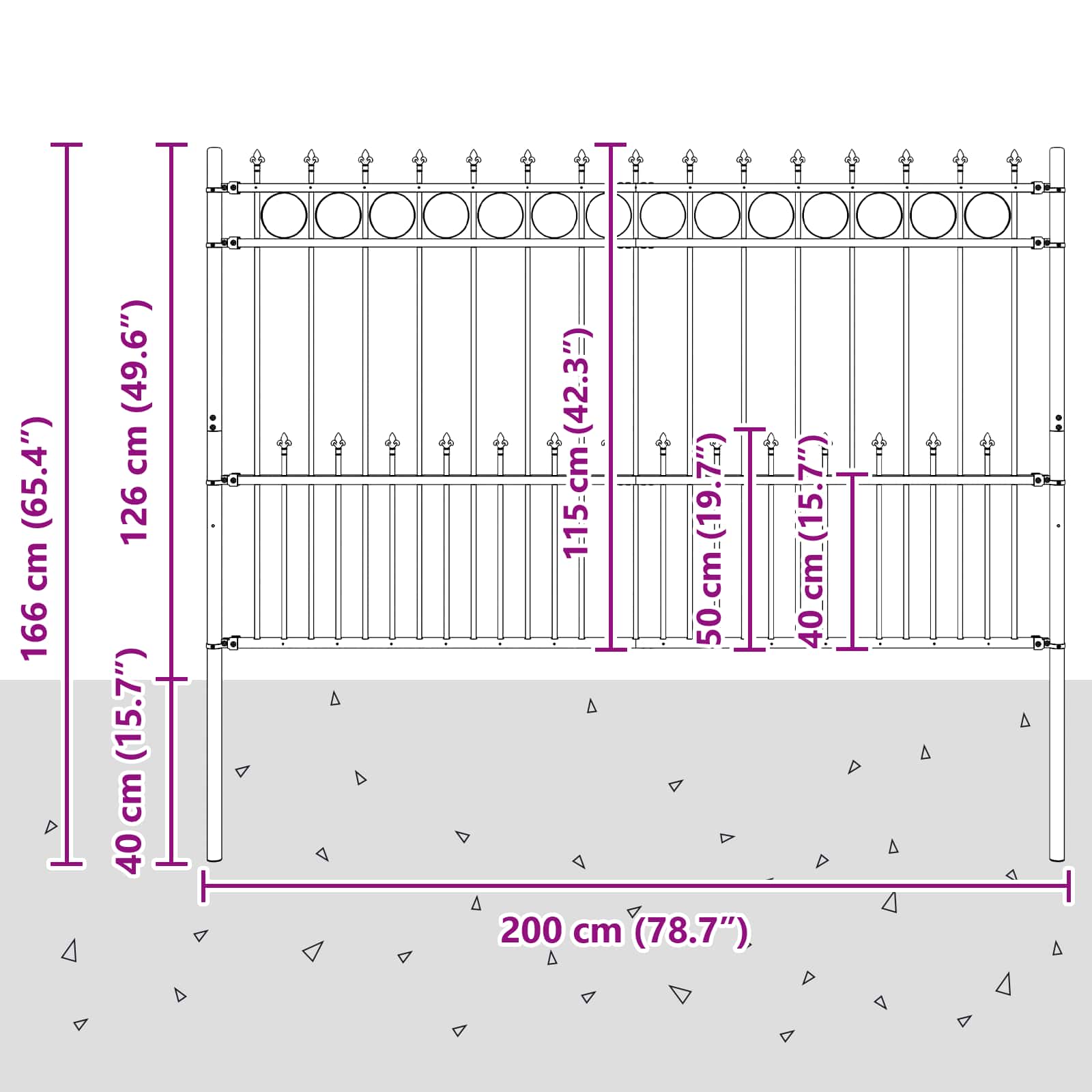 Spike Ring gjerde Svart 200 x 130 cm Pulverlakkert stål vidaXL