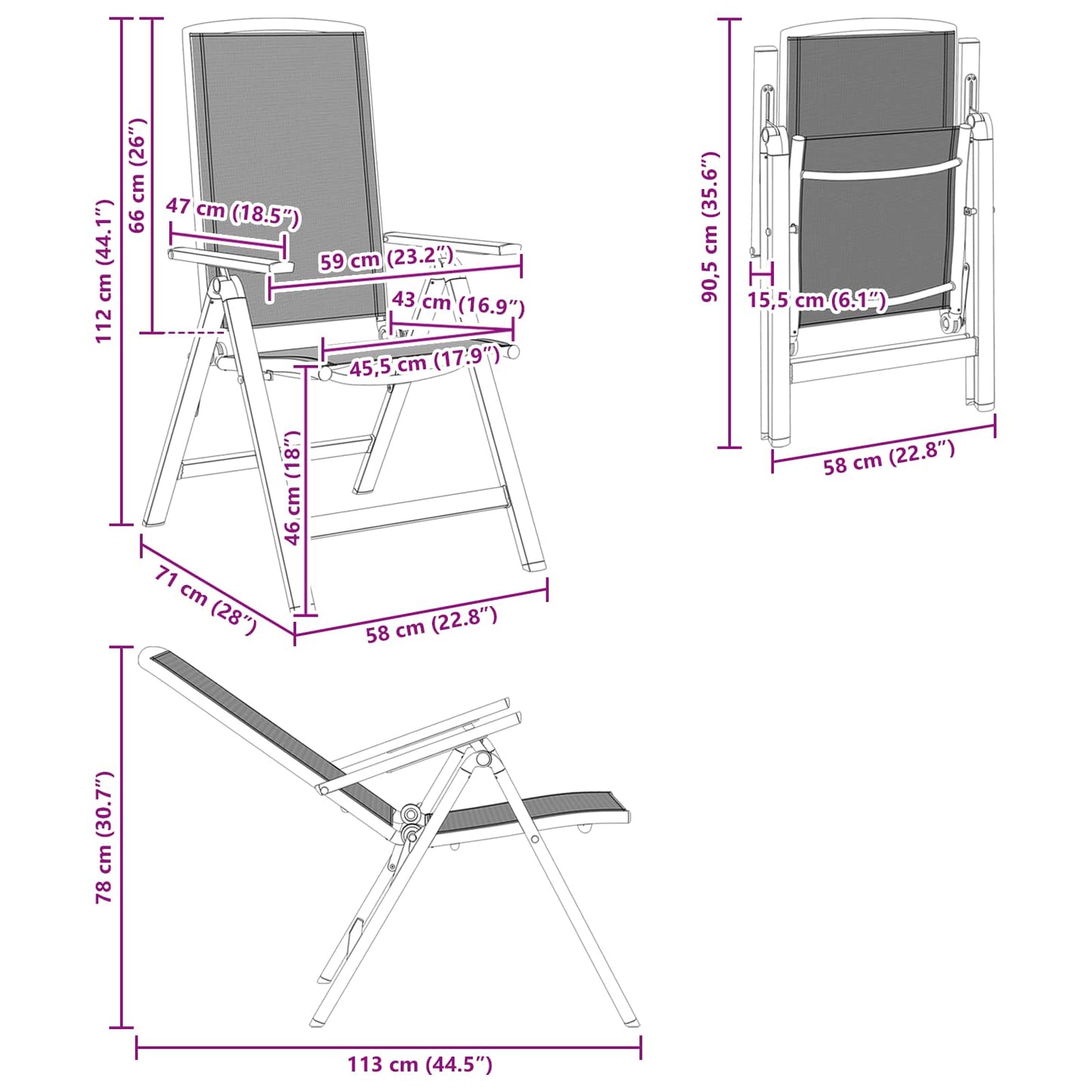 Recliner Hage Stoler 2 pcs Svart 58 x 71 x 112 cm Textilene