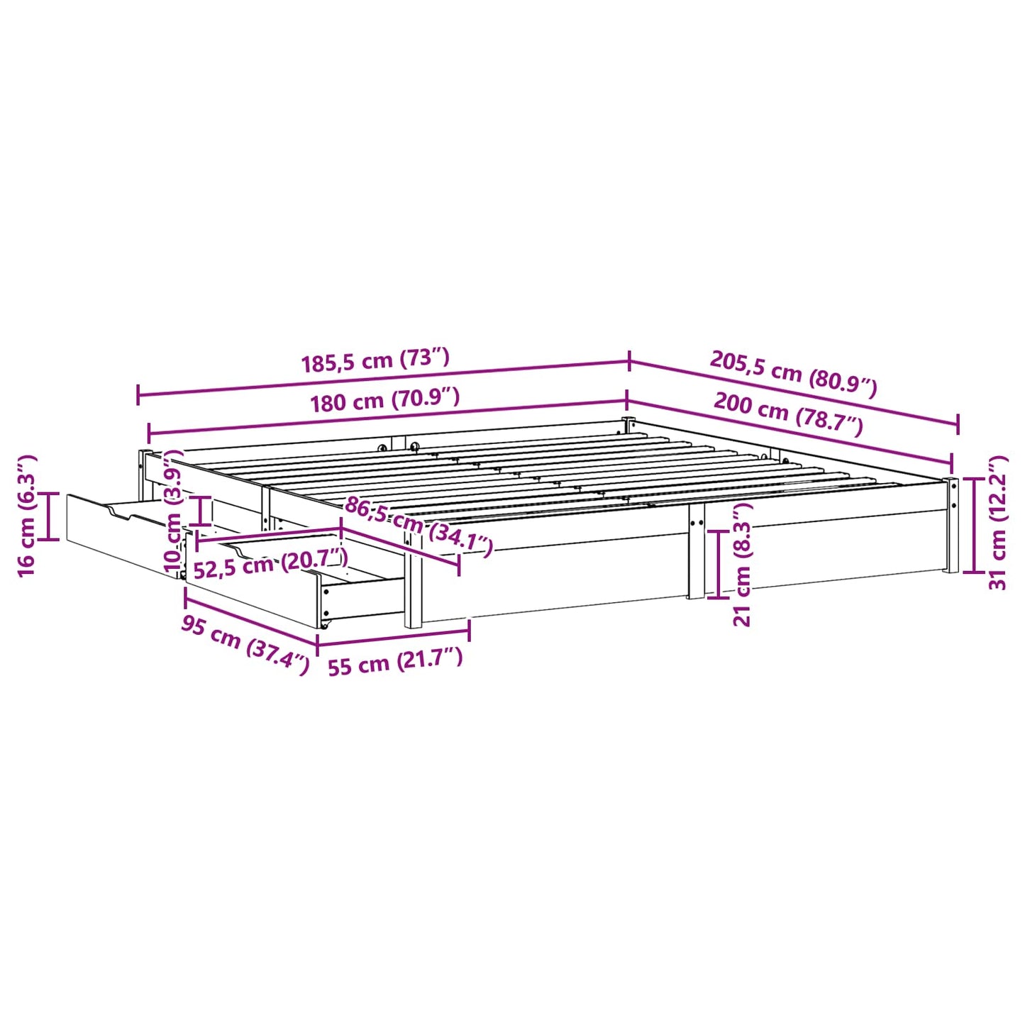 Sengestamme med skuff Vokset Brun 180 x 200 cm Massiv furu