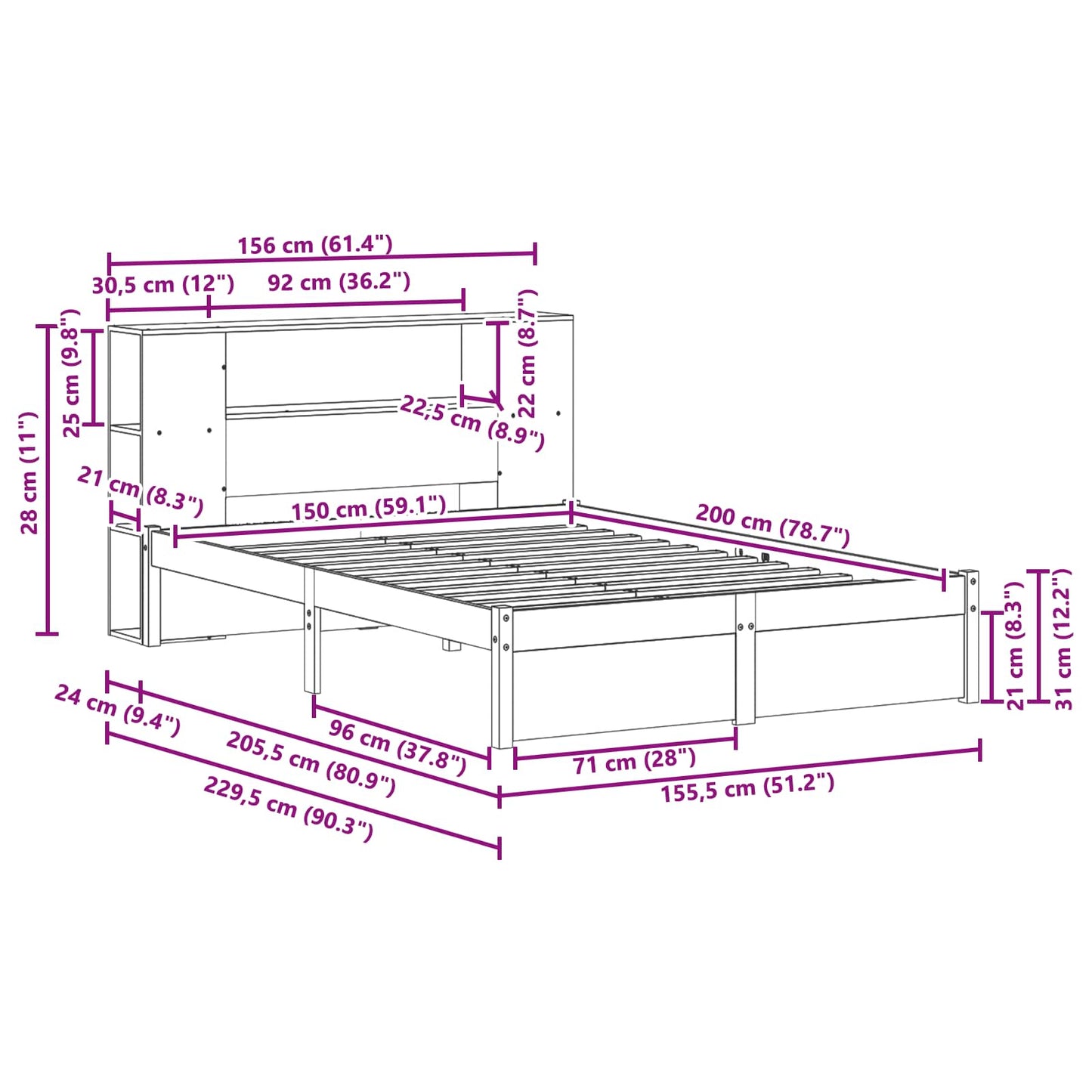 Sengramme med oppbevaringshodegavl 2 pcs Vokset Brun