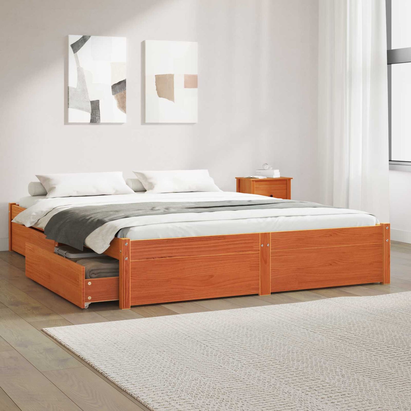 Sengestamme med skuff Vokset Brun 150 x 200 cm Massiv furu