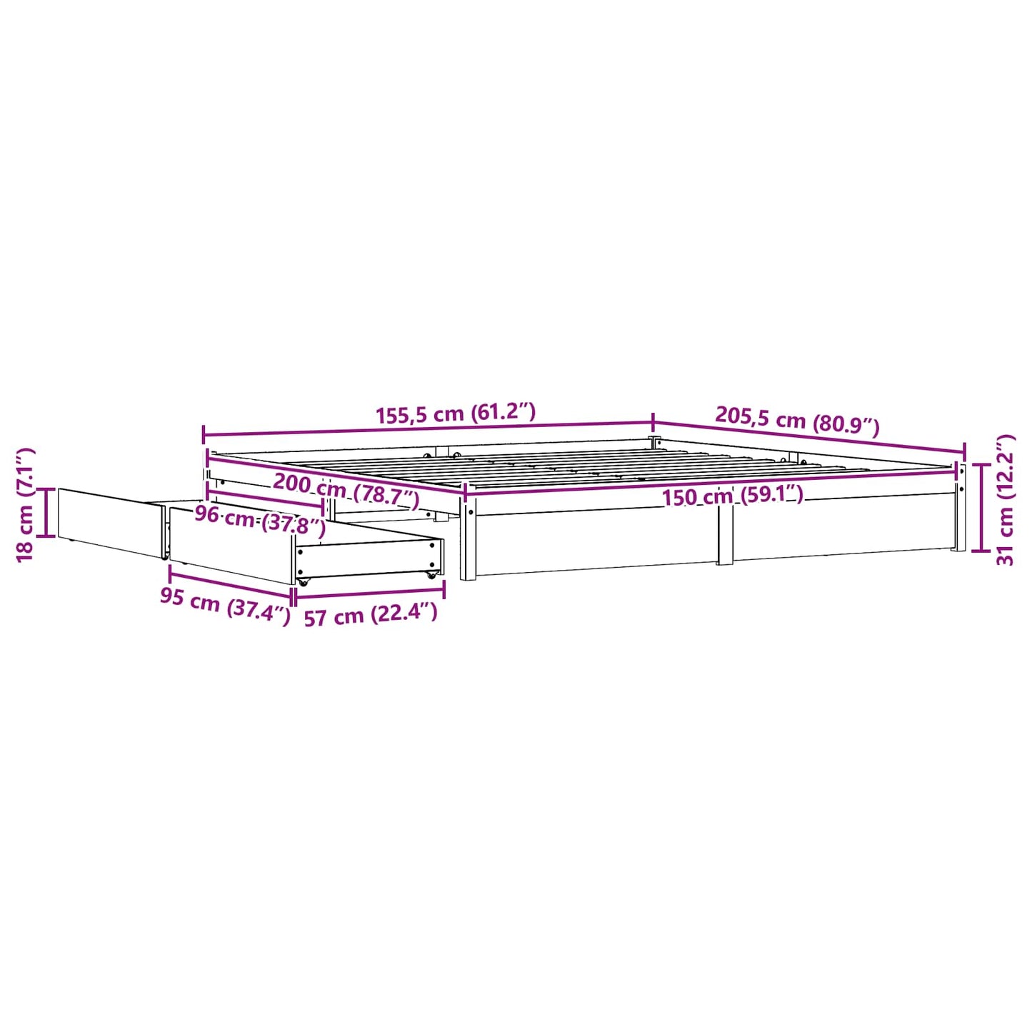 Sengestamme med skuff Vokset Brun 150 x 200 cm Massiv furu