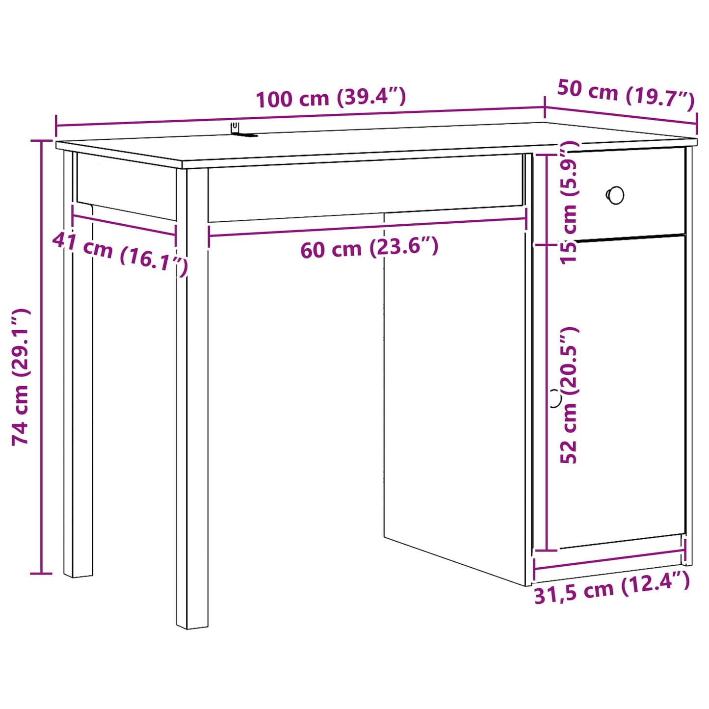Skrivebord med skuff VoksBrun 100 x 50 x 74 cm Massiv furu vidaXL