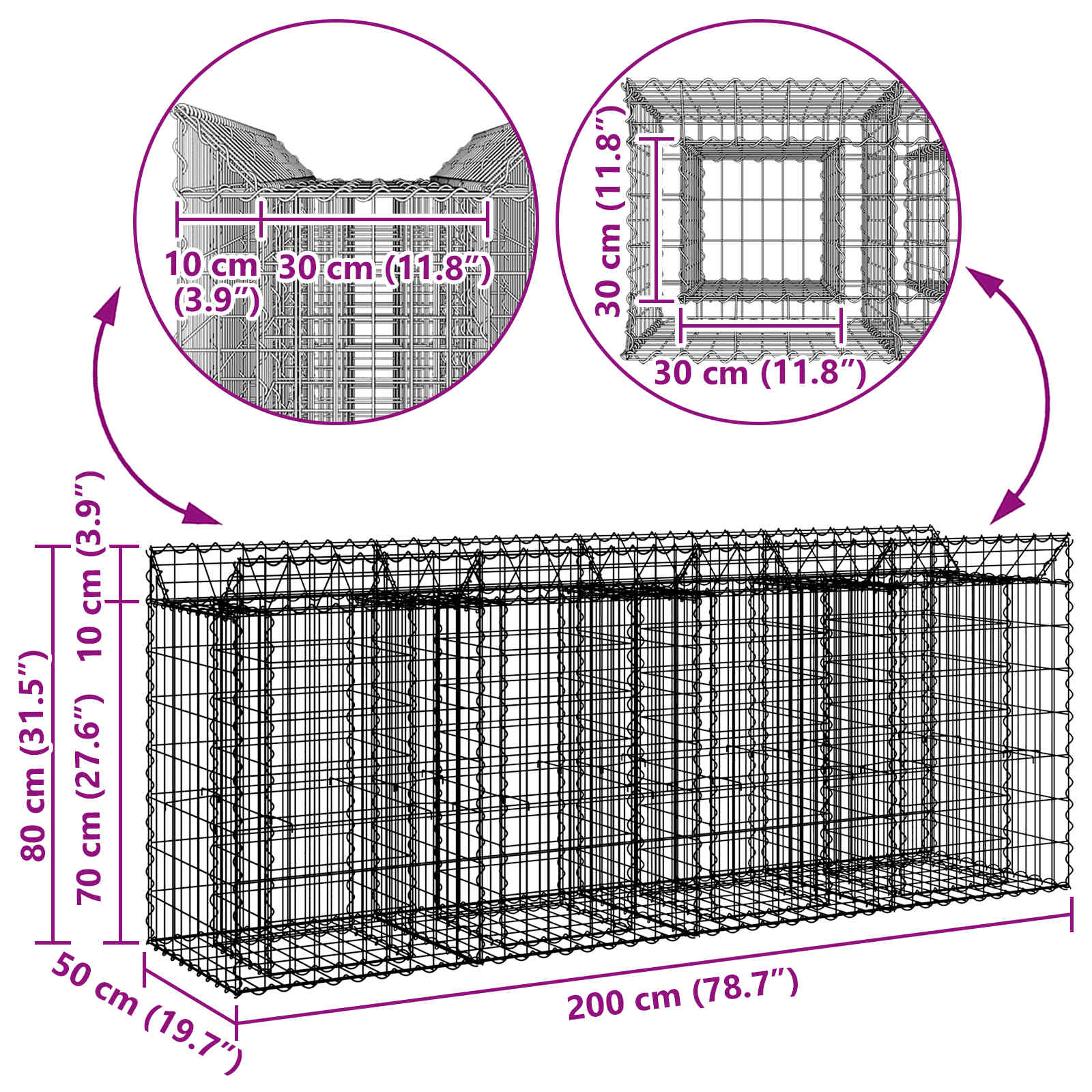 Gabion hevet seng 2 pcs sølv 200 x 50 x 80 cm Galvanisert Stål vidaXL