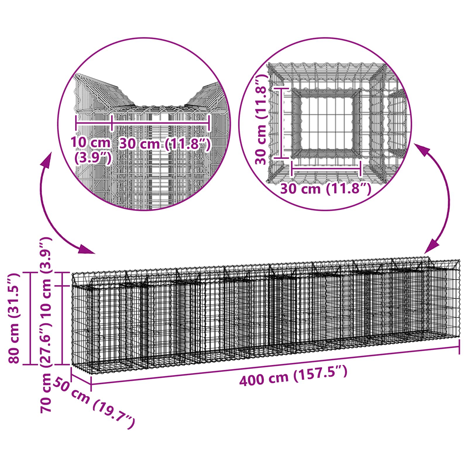 Gabion hevet seng 3 pcs sølv 400 x 50 x 80 cm Galvanisert Stål vidaXL
