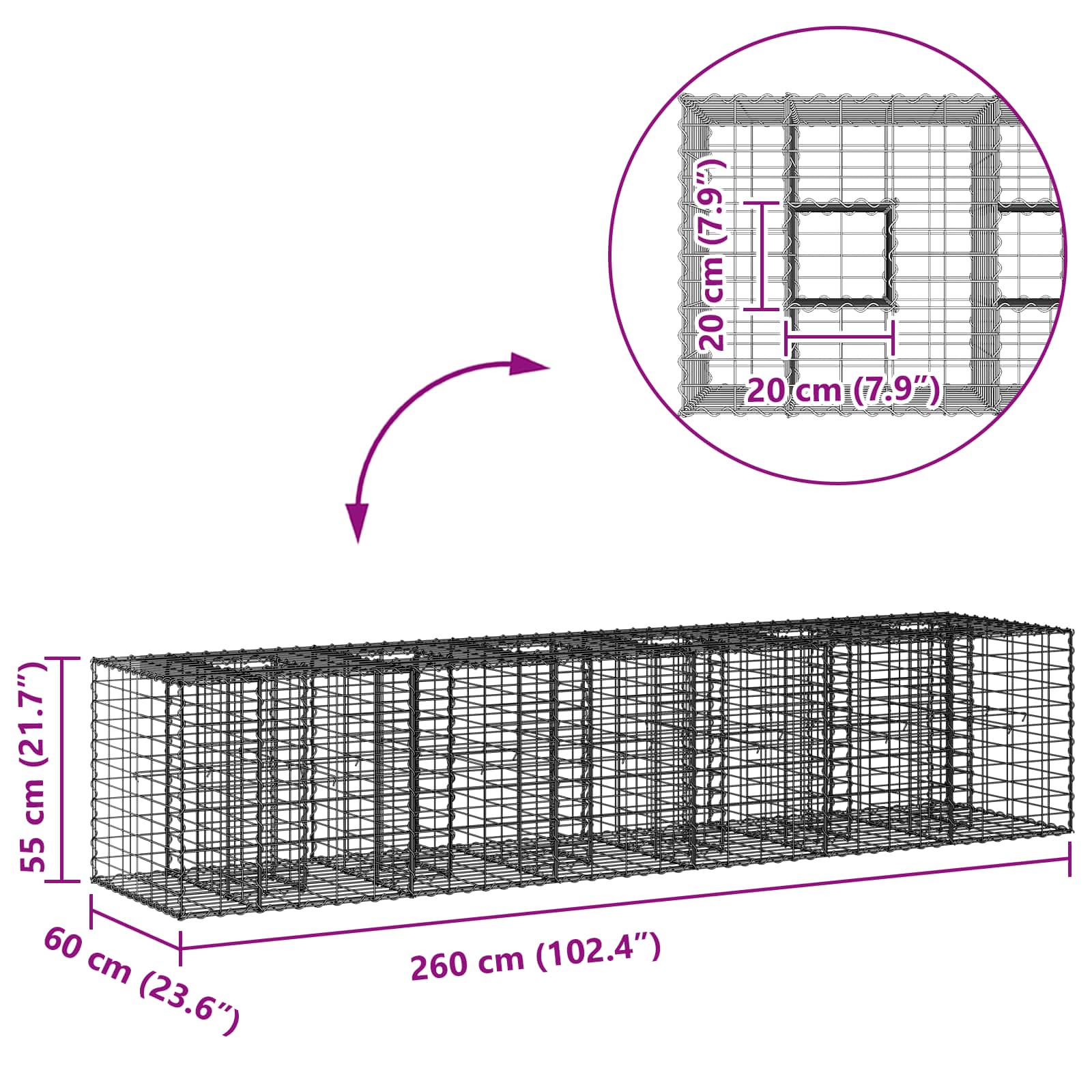 Gabion hevet seng 2 pcs sølv 260 x 60 x 55 cm Galvanisert Stål vidaXL