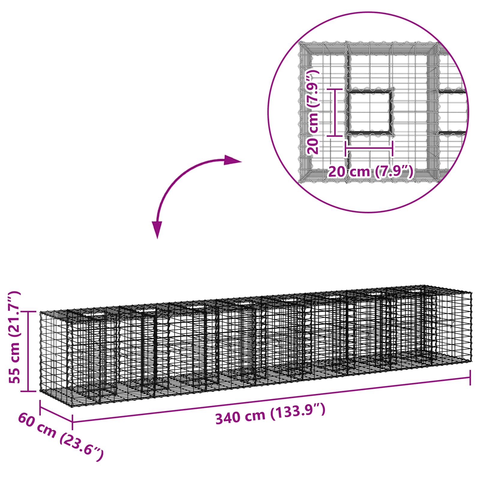 Gabion hevet seng 2 pcs sølv 340 x 60 x 55 cm Galvanisert Stål vidaXL