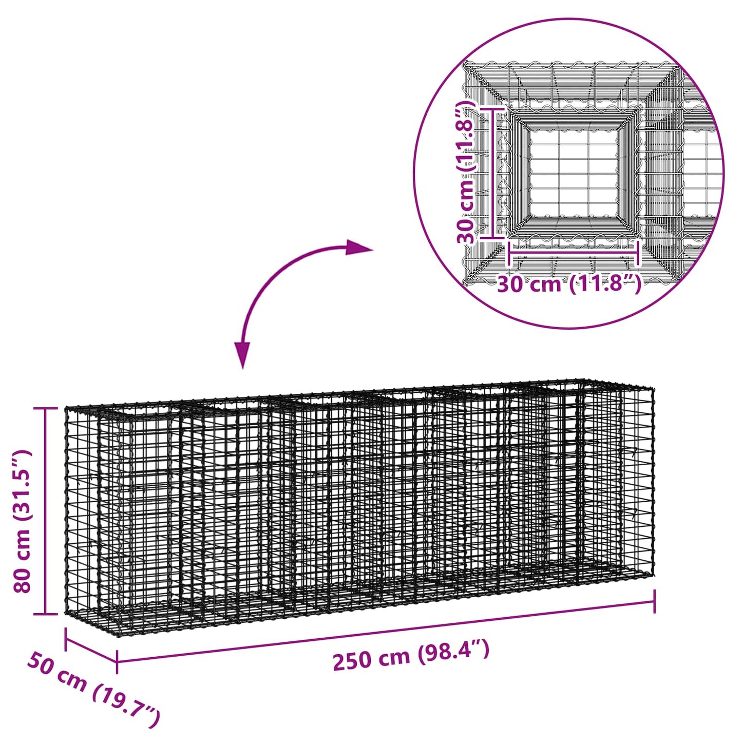 Gabion hevet seng 2 pcs sølv 250 x 50 x 80 cm Galvanisert Stål vidaXL