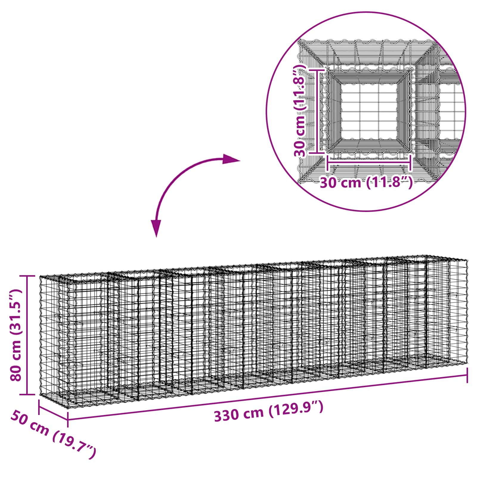 Gabion hevet seng 2 pcs sølv 330 x 50 x 80 cm Galvanisert Stål vidaXL