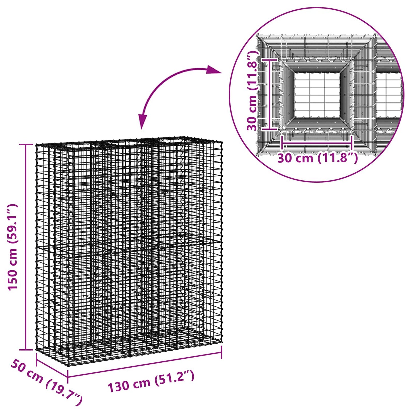 Gabion hevet seng 2 pcs sølv 130 x 50 x 150 cm Galvanisert Stål vidaXL