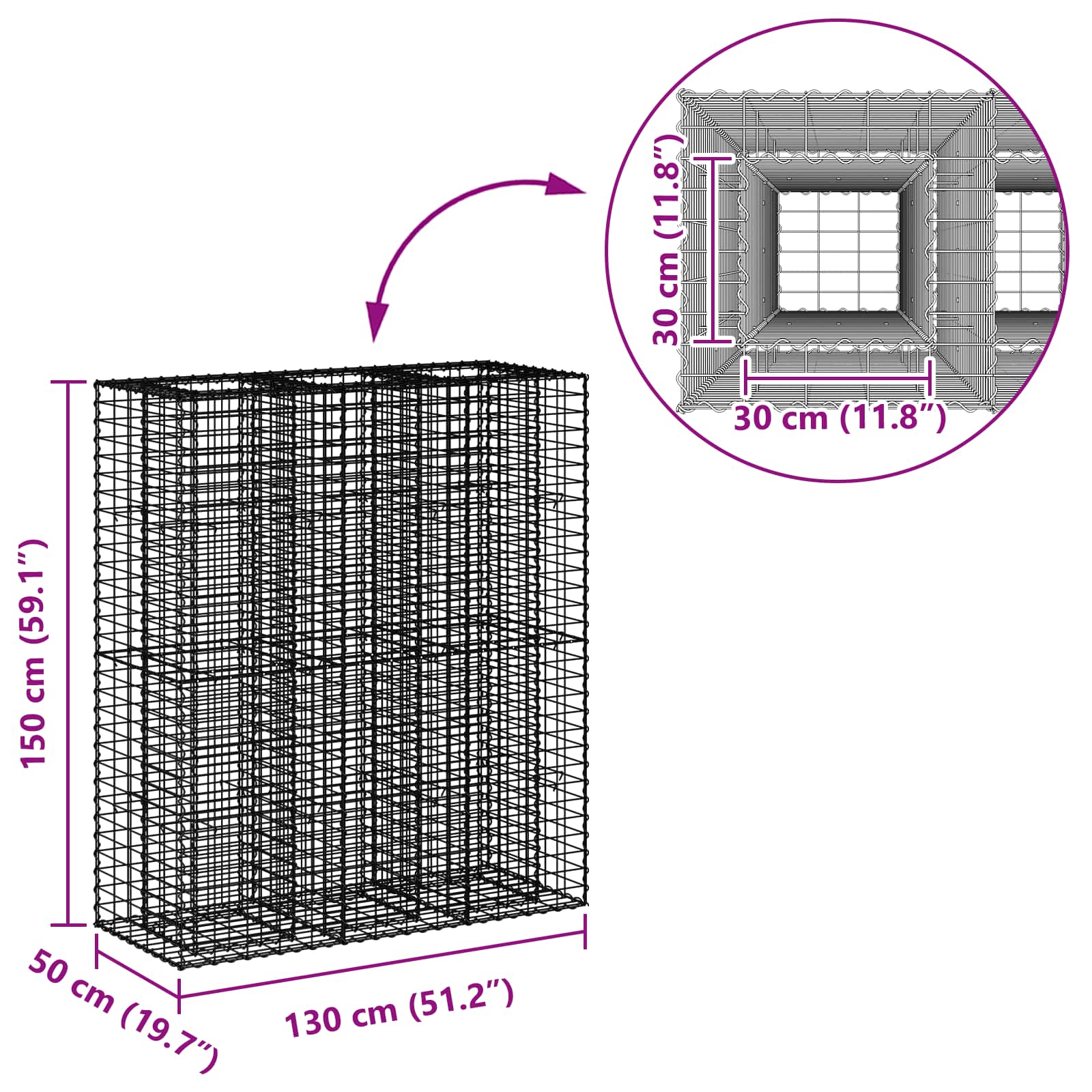 Gabion hevet seng 2 pcs sølv 130 x 50 x 150 cm Galvanisert Stål vidaXL