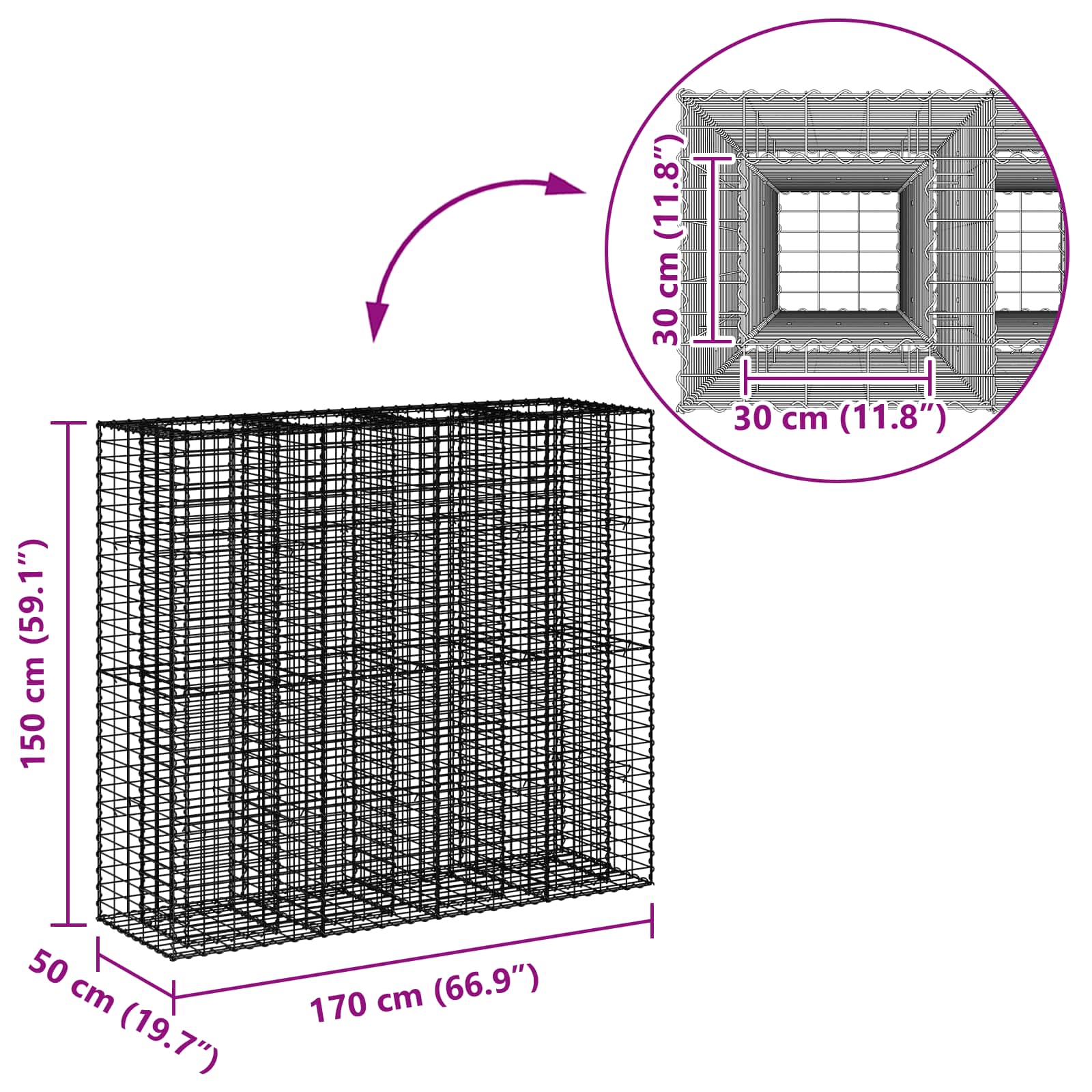 Gabion hevet seng 2 pcs sølv 170 x 50 x 150 cm Galvanisert Stål vidaXL