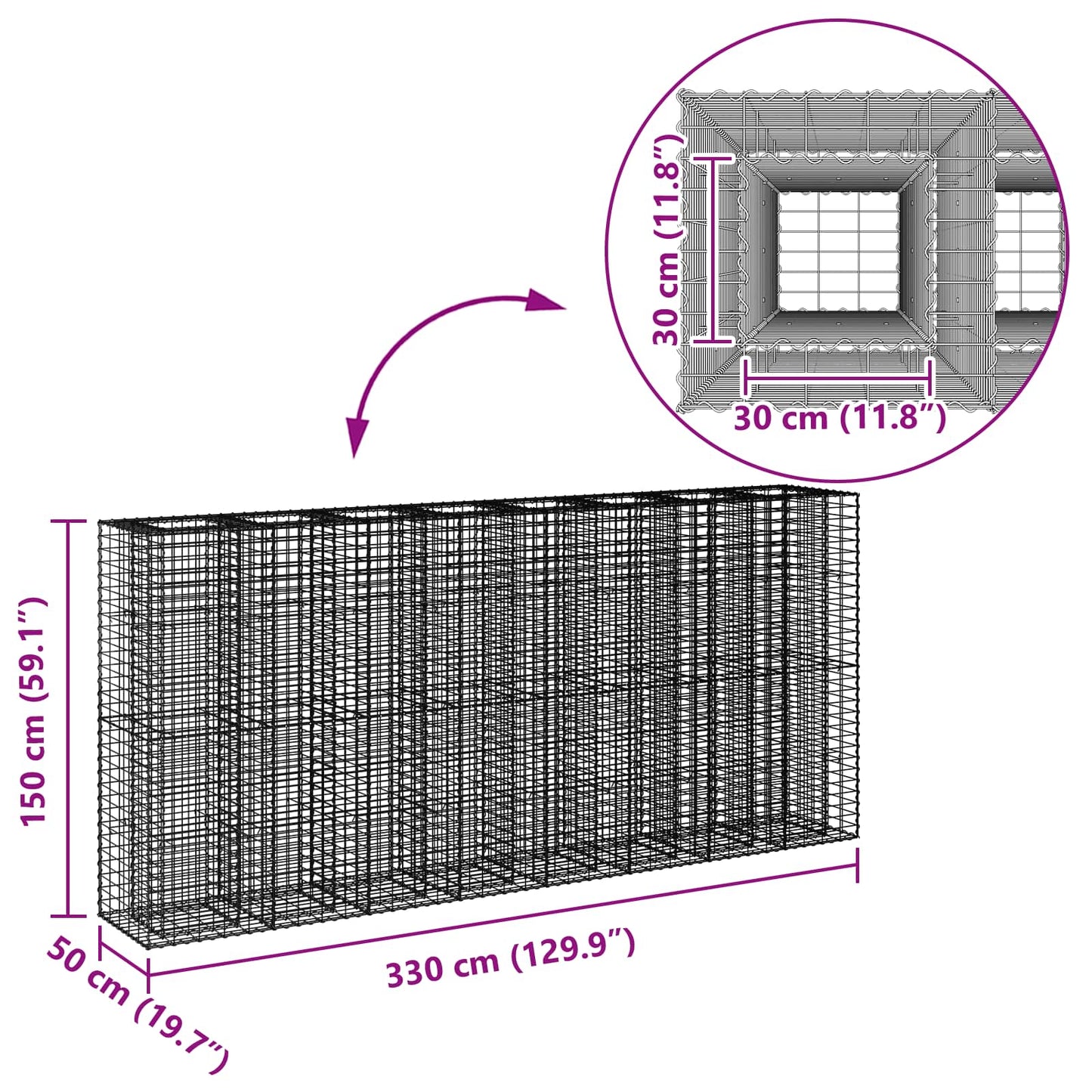 Gabion hevet seng 4 pcs sølv 330 x 50 x 150 cm Galvanisert Stål vidaXL
