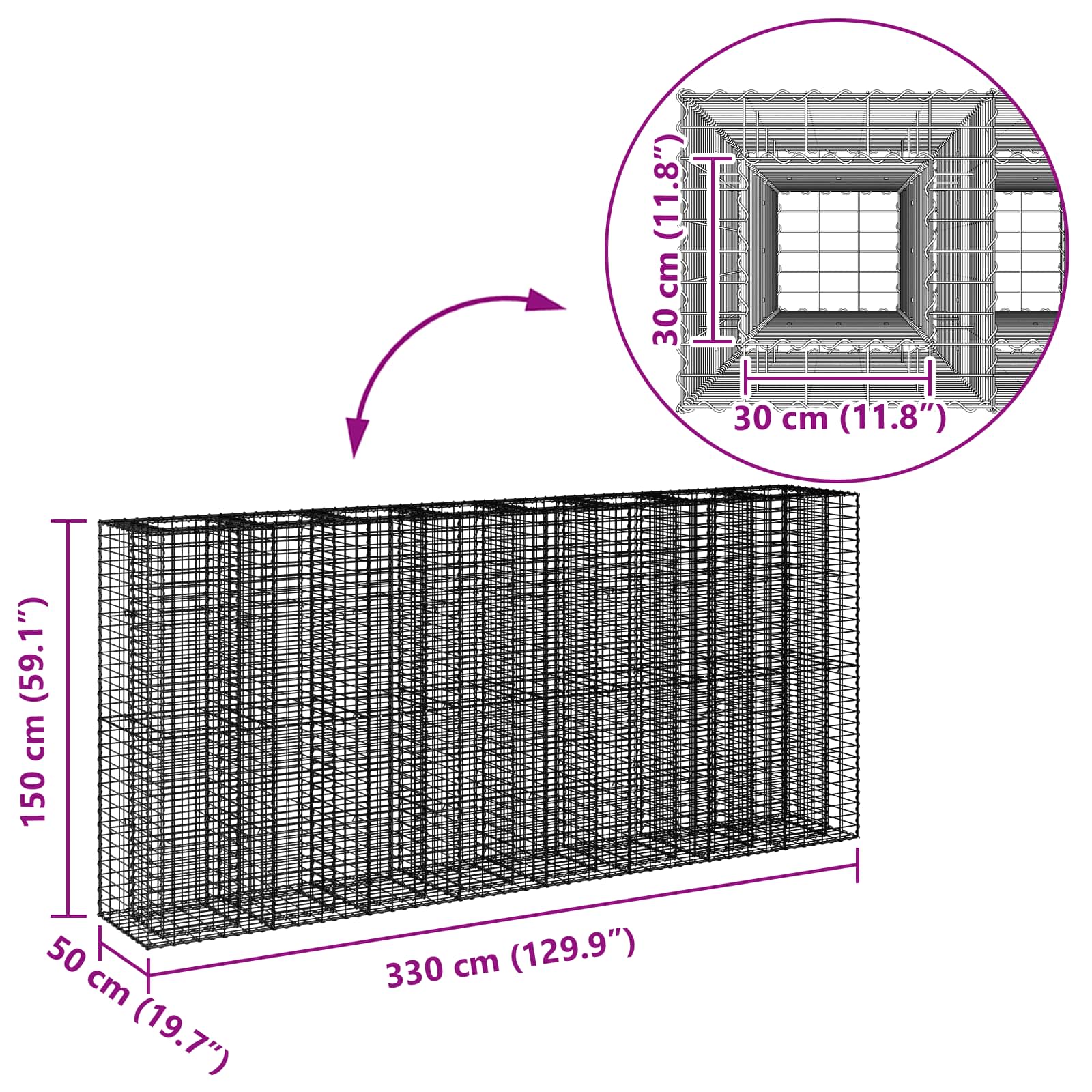 Gabion hevet seng 4 pcs sølv 330 x 50 x 150 cm Galvanisert Stål vidaXL