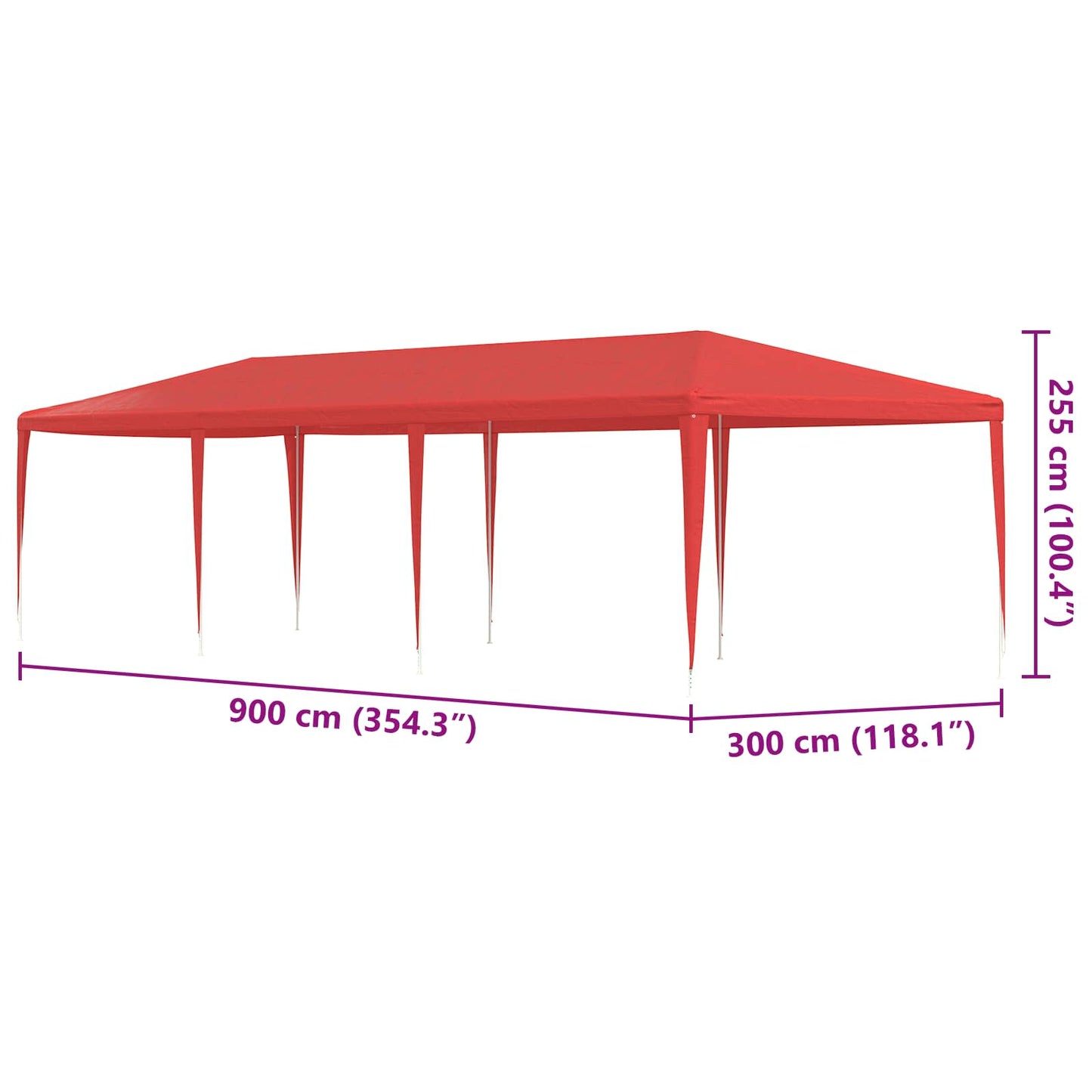 Partytelt Rød 900 x 300 x 255 cm PE og stål