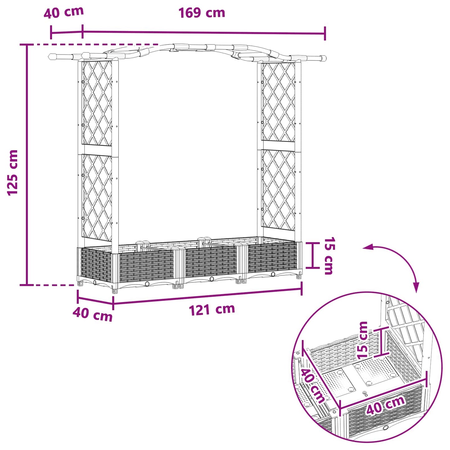 Hevet Bed med Trellis og Tak Brun 169 x 40 x 125 cm PP