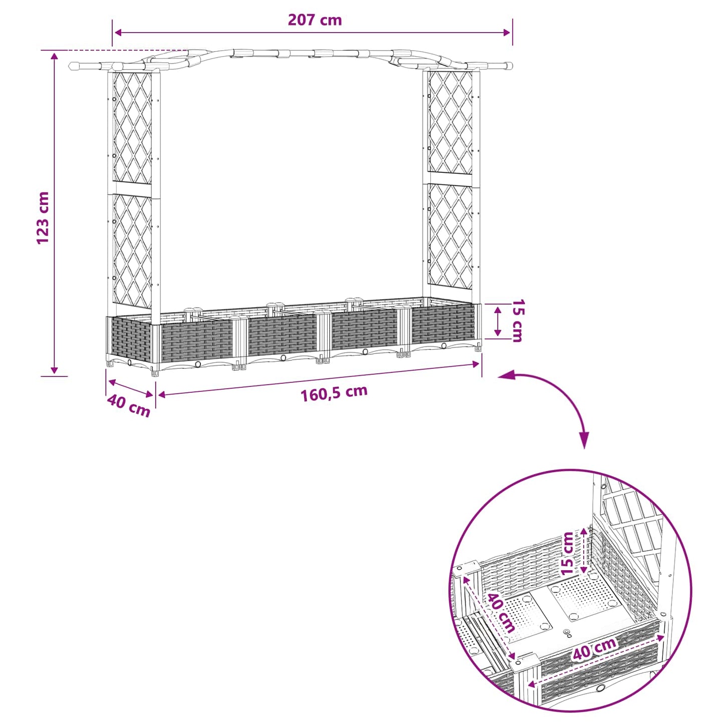 Hevet Bed med Trellis og Tak Brun 207 x 40 x 126 cm PP