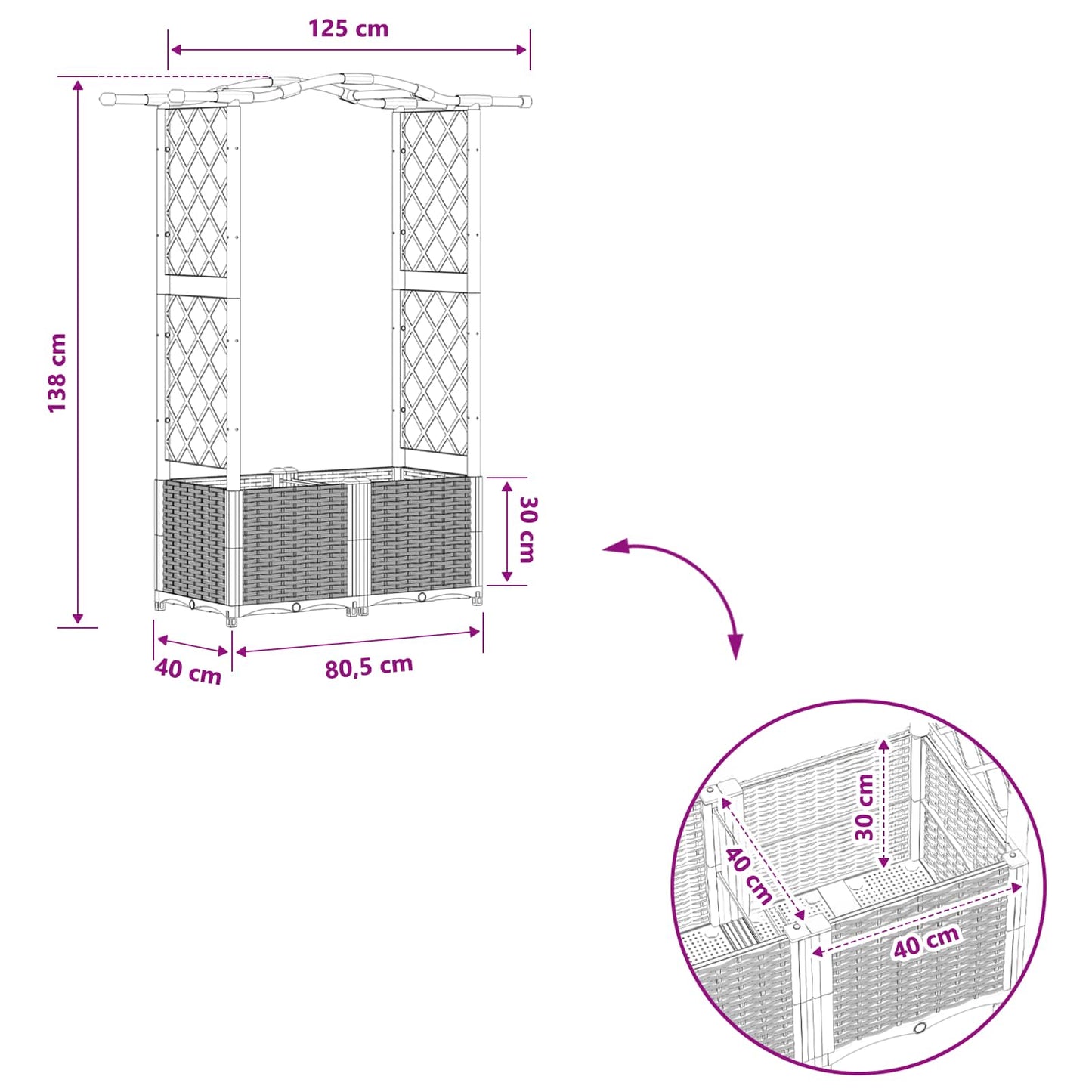 Hevet Bed med Trellis og Tak Brun 125 x 40 x 138 cm PP