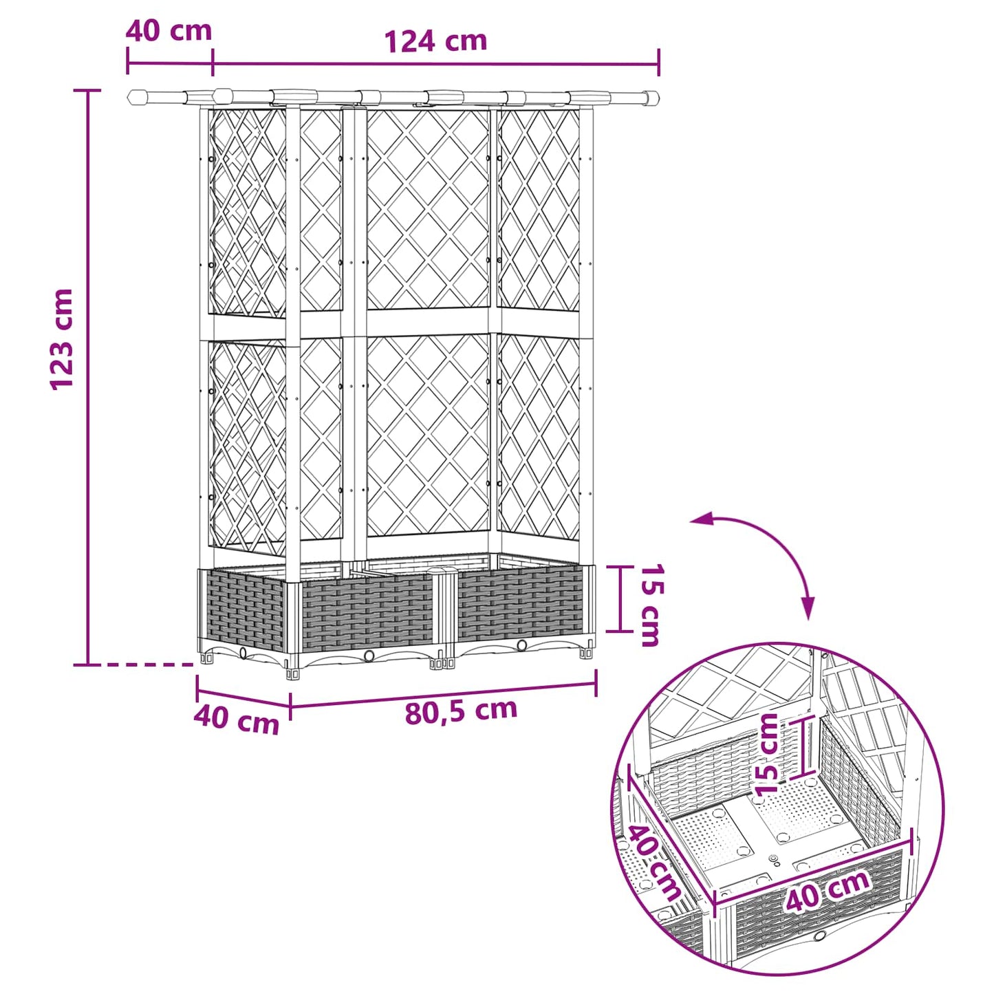 Hevet Bed med Trellis og Tak Brun 124 x 40 x 123 cm PP