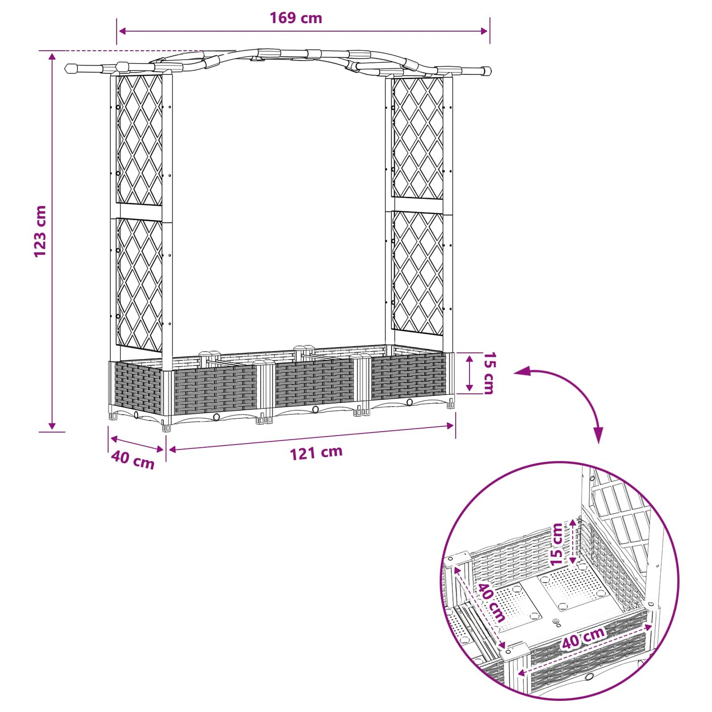 Hevet Bed med Trellis og Tak Svart 169 x 40 x 125 cm PP