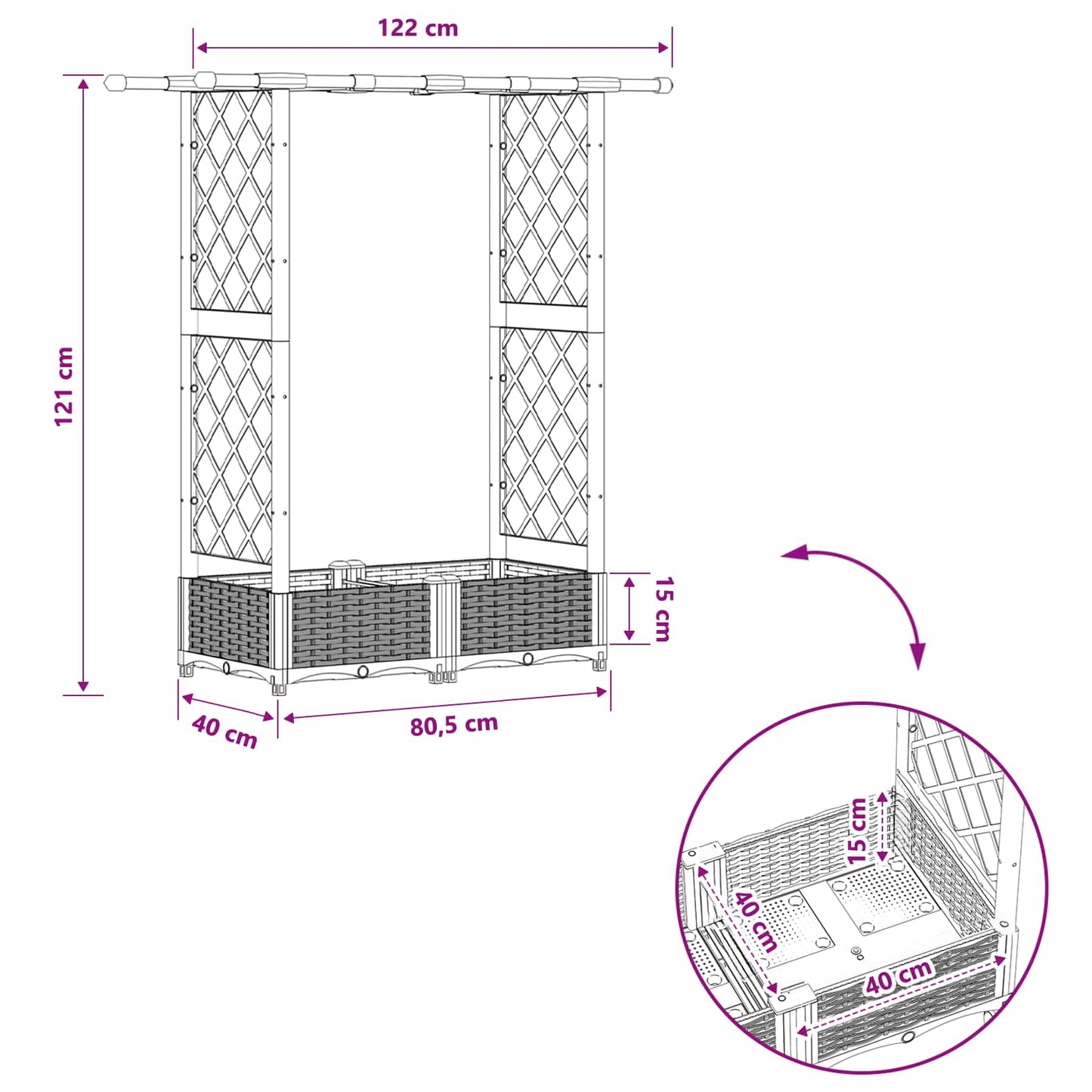Hevet Bed med Trellis og Tak Svart 122,5 x 40 x 123 cm PP