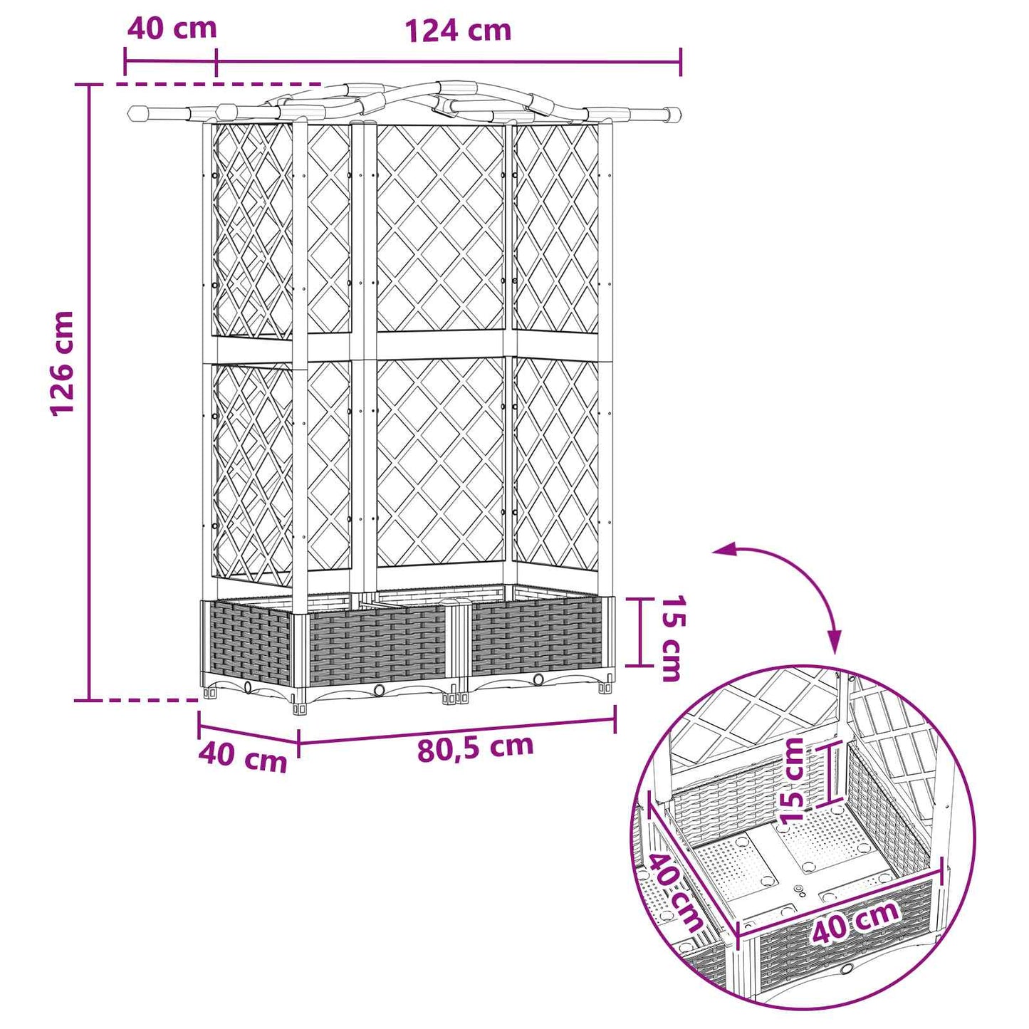Hevet Bed med Trellis og Tak Grå 124 x 40 x 123 cm PP