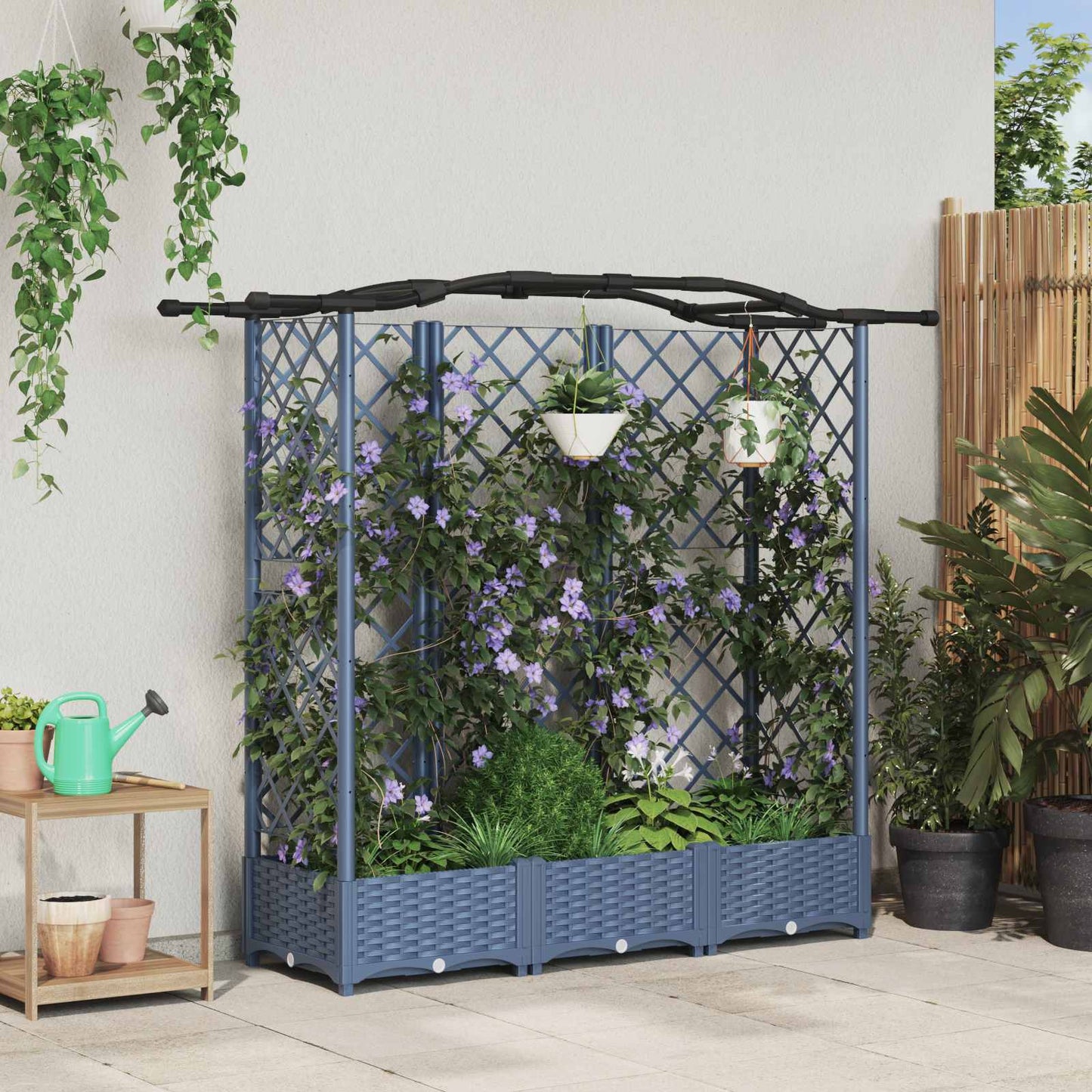 Hevet Bed med Trellis og Tak Grå 163 x 40 x 123 cm PP