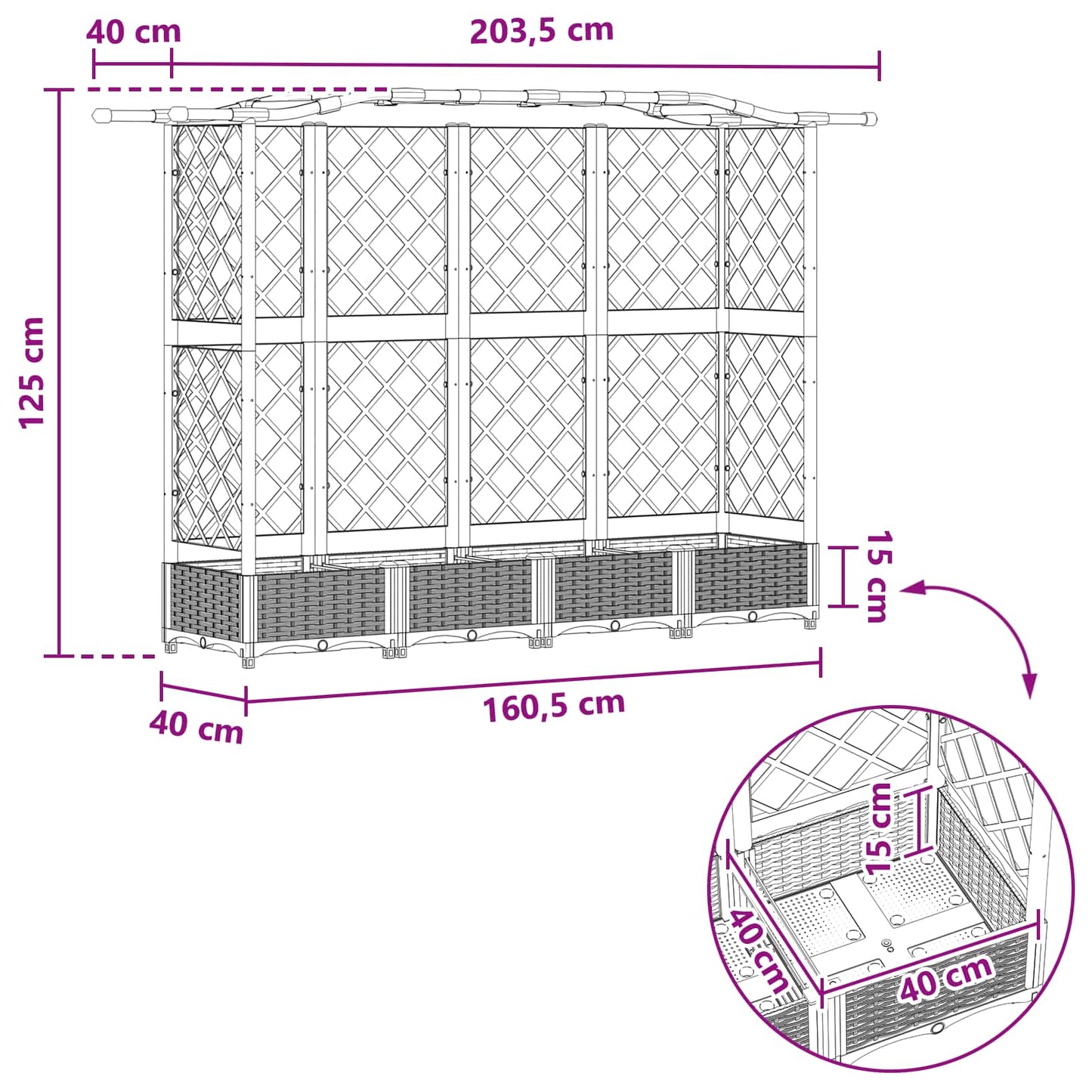 Hevet Bed med Trellis og Tak Grå 203,5 x 40 x 123 cm PP