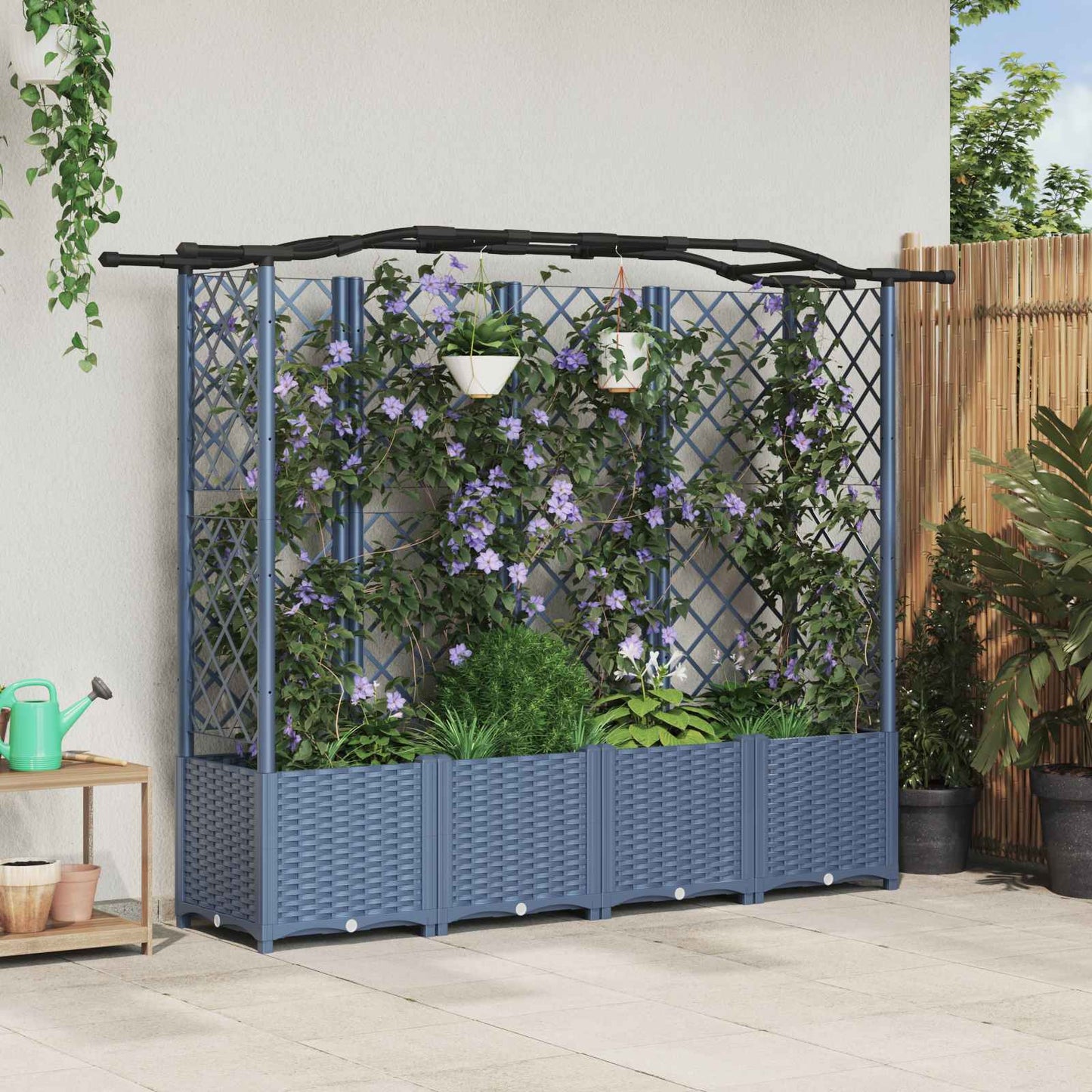 Hevet Bed med Trellis og Tak Grå 204 x 40 x 138 cm PP