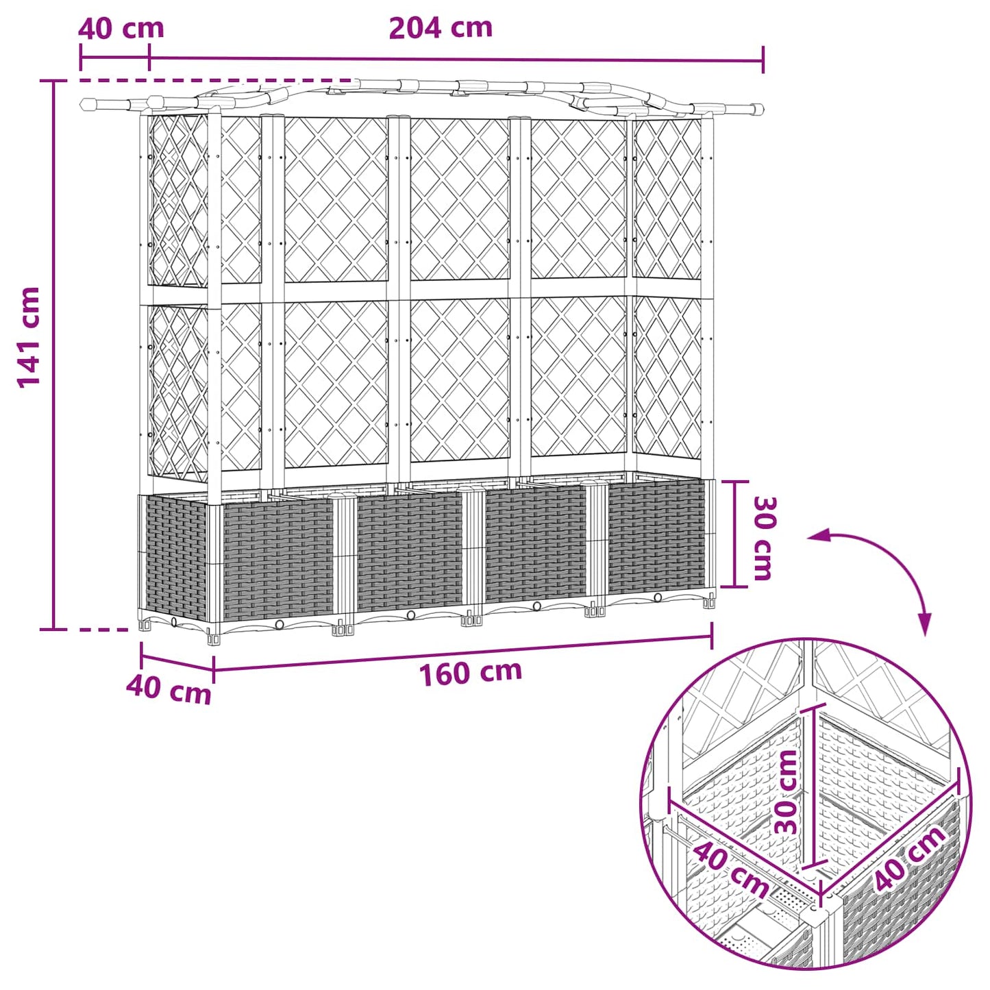 Hevet Bed med Trellis og Tak Grå 204 x 40 x 138 cm PP