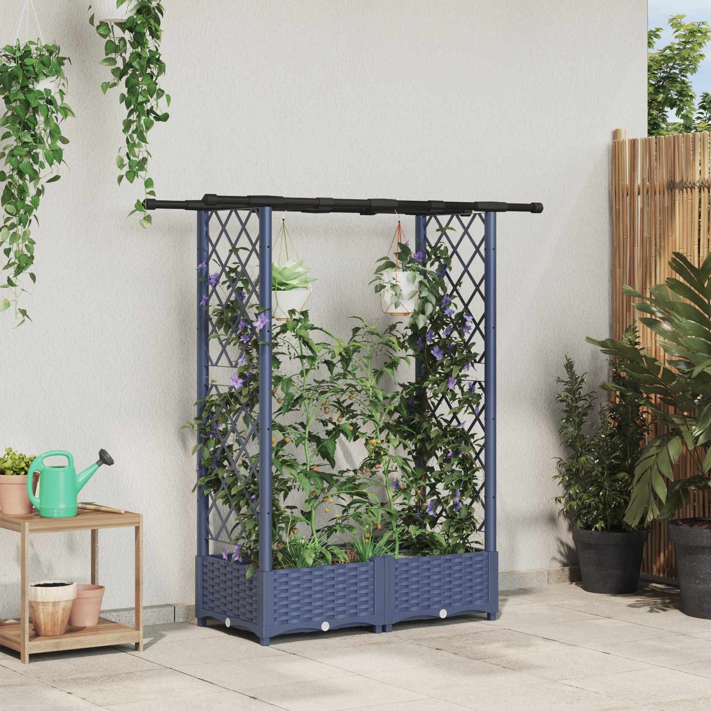 Hevet Bed med Trellis og Tak Grå 122,5 x 40 x 123 cm PP