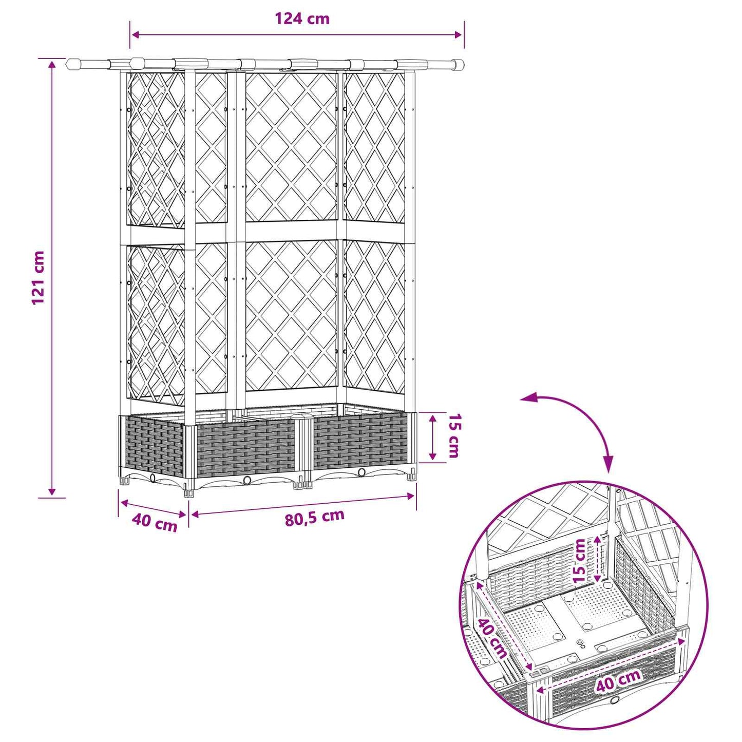 Hevet Bed med Trellis og Tak Grå 122,5 x 40 x 123 cm PP