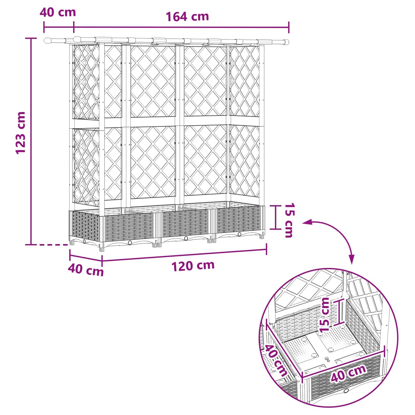 Hevet Bed med Trellis og Tak Grå 164 x 40 x 123 cm PP