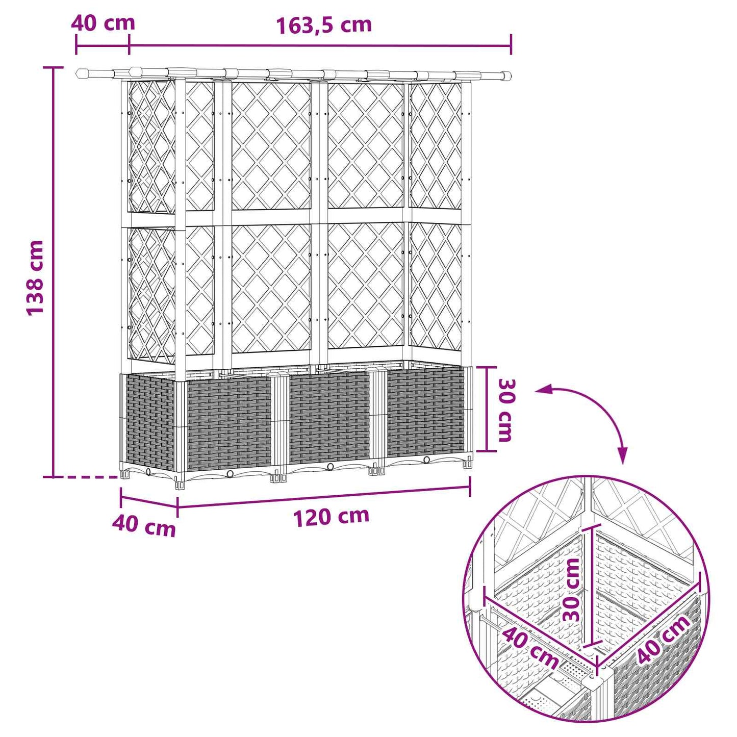 Hevet Bed med Trellis og Tak Grå 163,5 x 40 x 138 cm PP