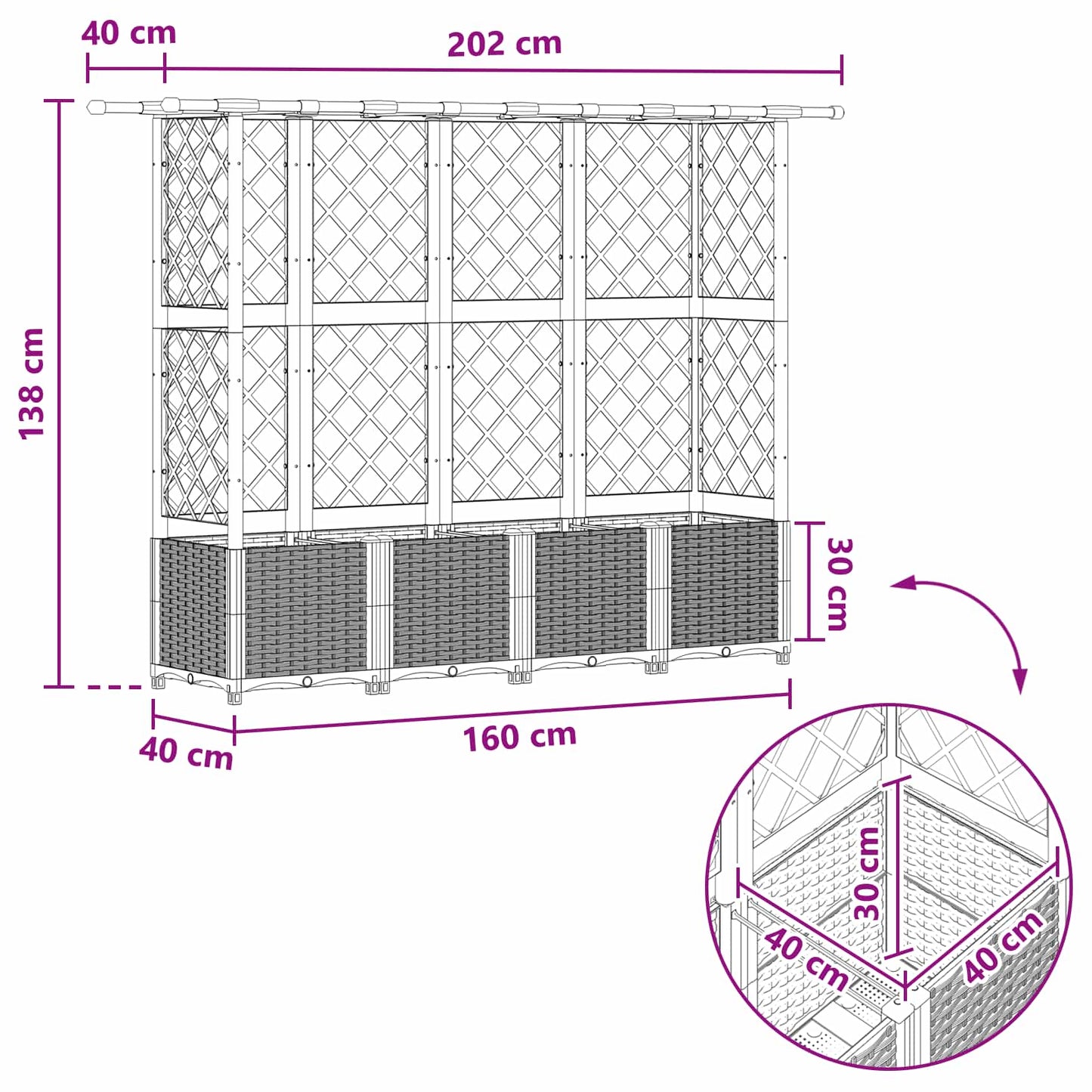 Hevet Bed med Trellis og Tak Grå 202 x 40 x 136 cm PP