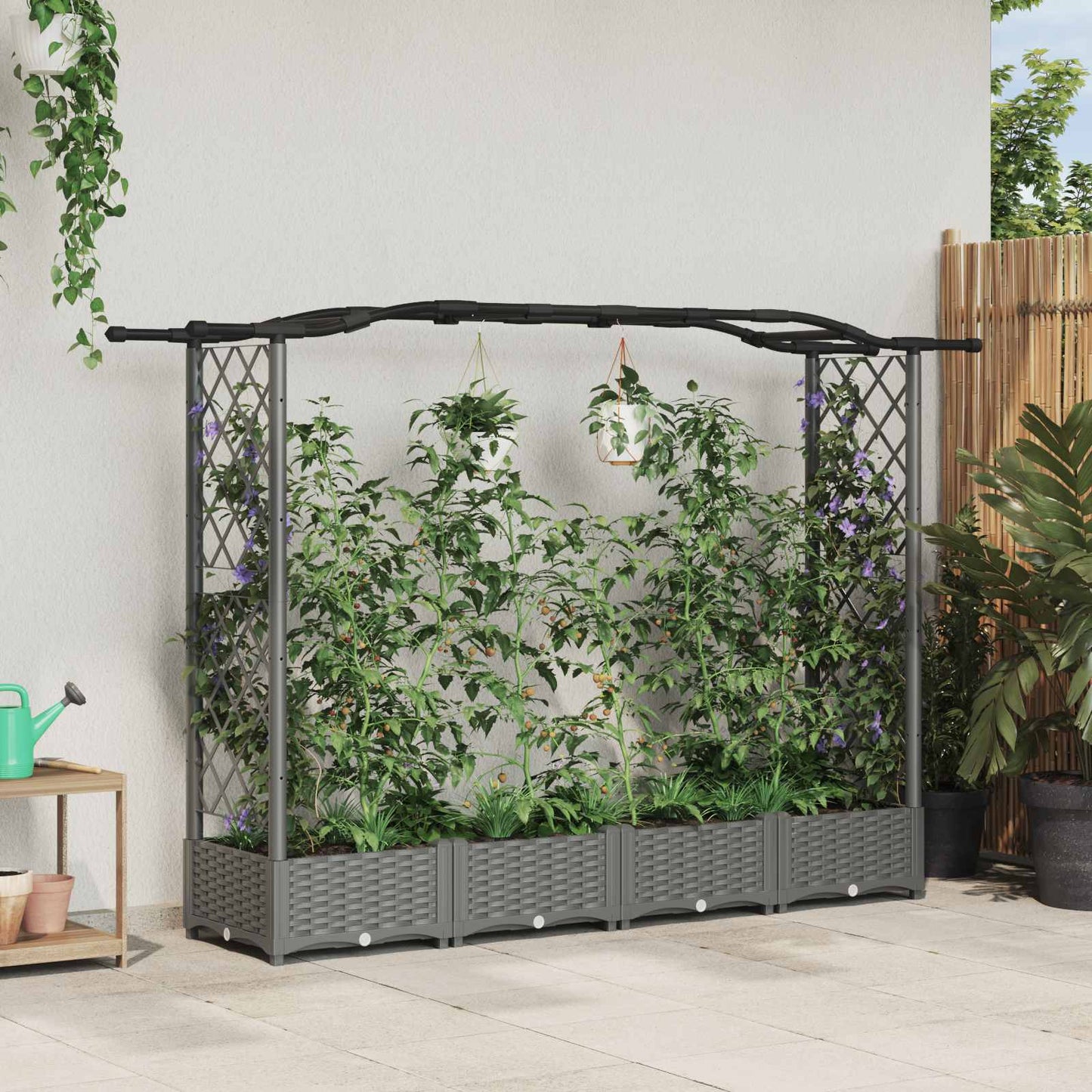 Hevet Bed med Trellis og Tak Lysegrå 207 x 40 x 126 cm PP