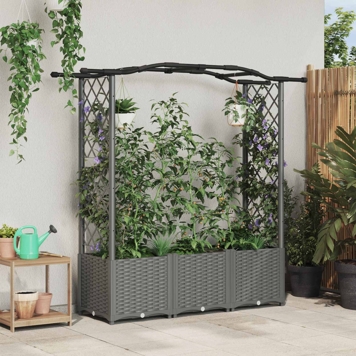 Hevet Bed med Trellis og Tak Lysegrå 164 x 40 x 142 cm PP