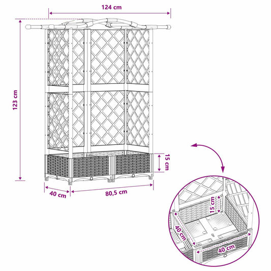 Hevet Bed med Trellis og Tak Lysegrå 124 x 40 x 123 cm PP