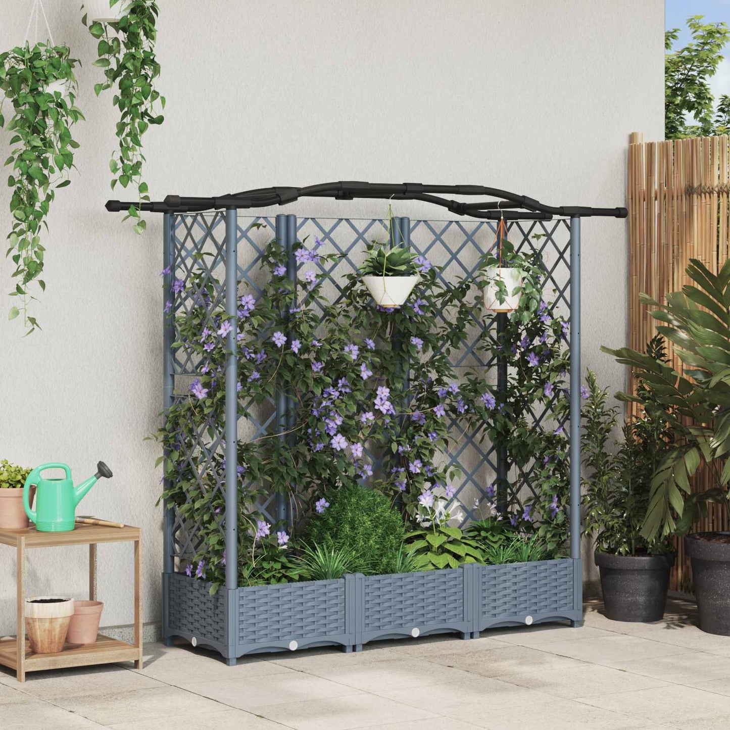 Hevet Bed med Trellis og Tak Lysegrå 163 x 40 x 123 cm PP