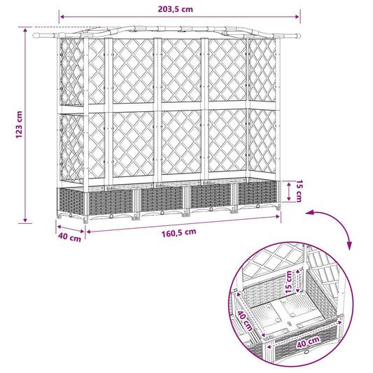 Hevet Bed med Trellis og Tak Lysegrå 203,5 x 40 x 123 cm PP