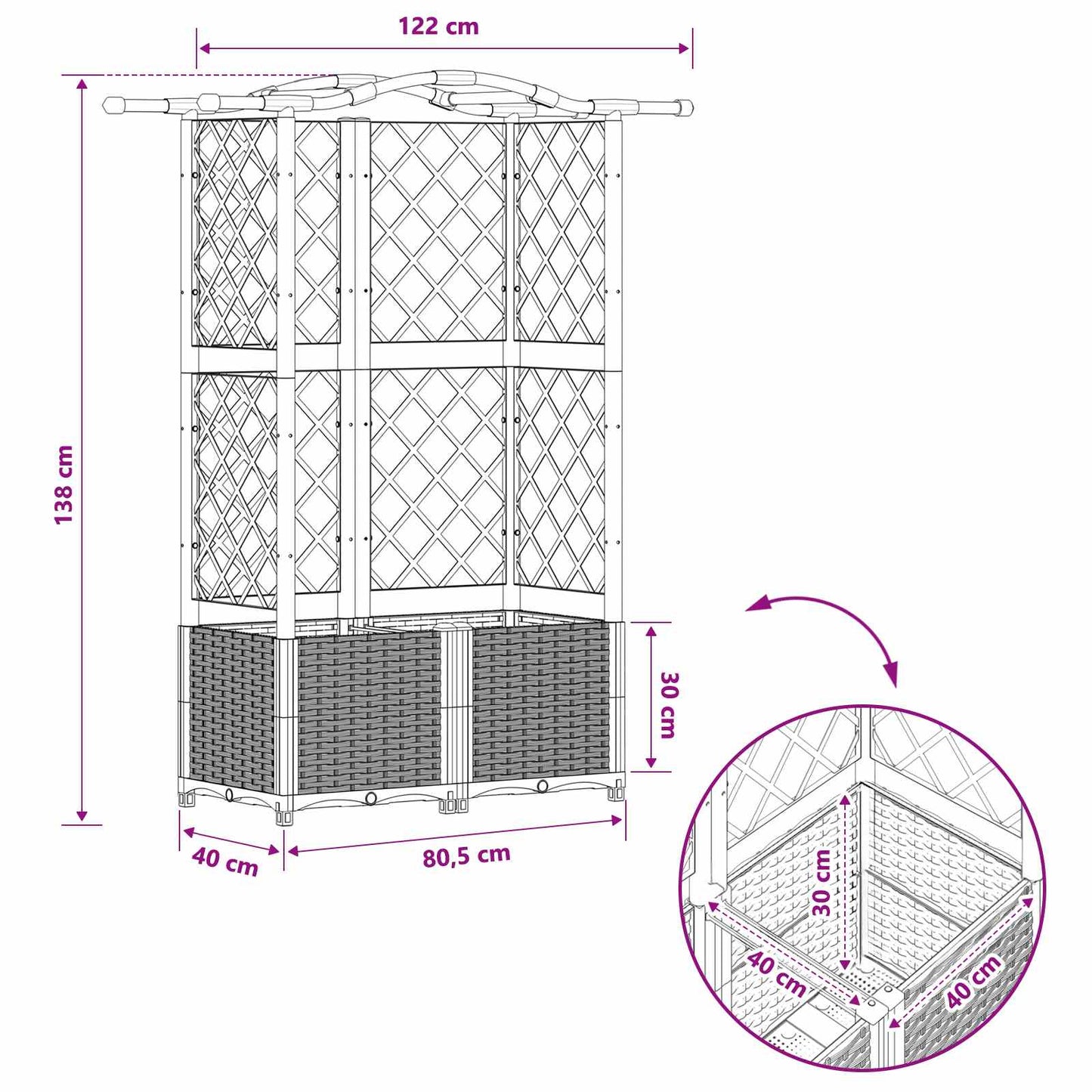 Hevet Bed med Trellis og Tak Lysegrå 122 x 40 x 138 cm PP